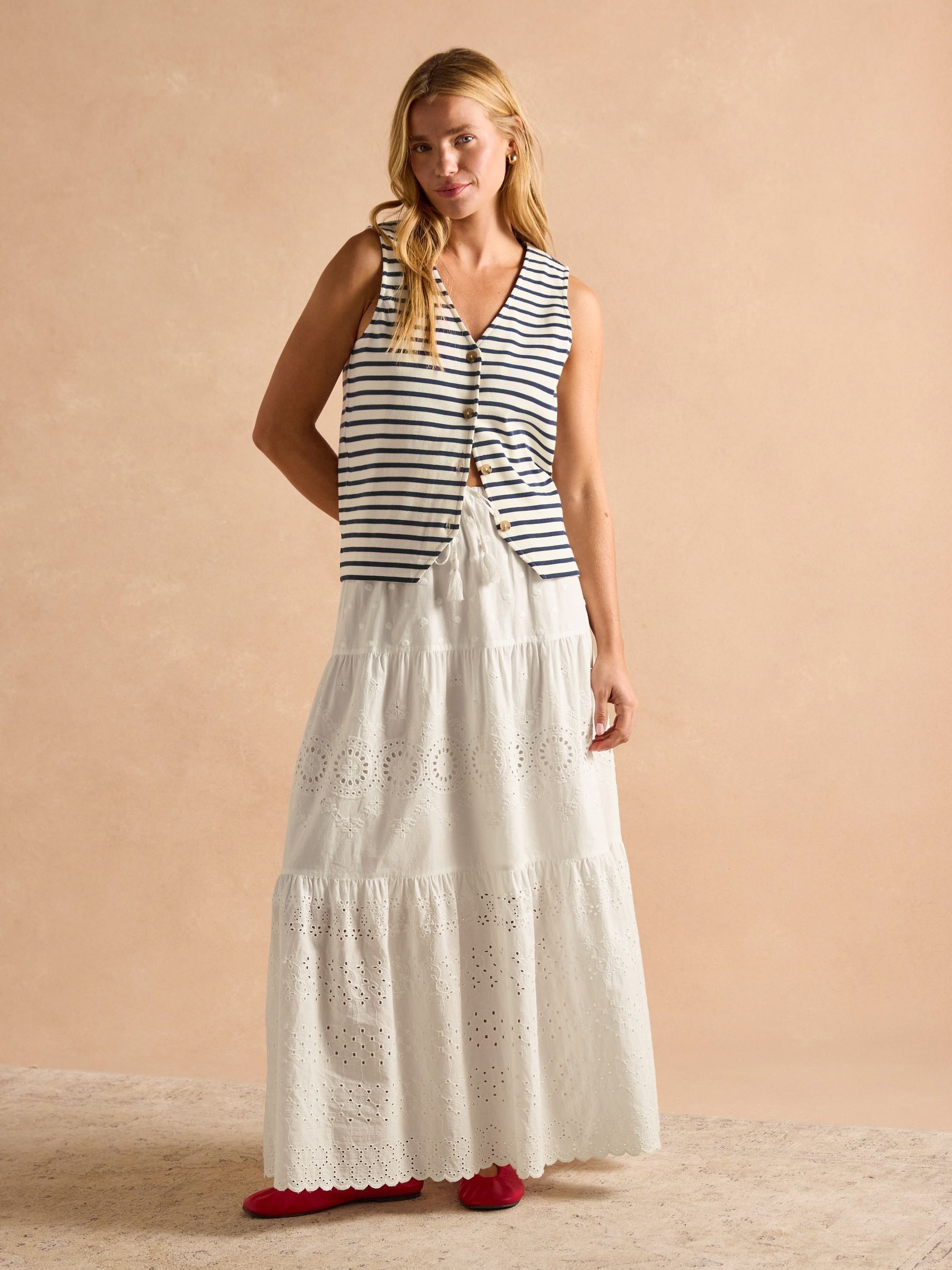 Premium Ribbed Cream & Navy Jersey Cotton Waistcoat - Image 4 of 8
