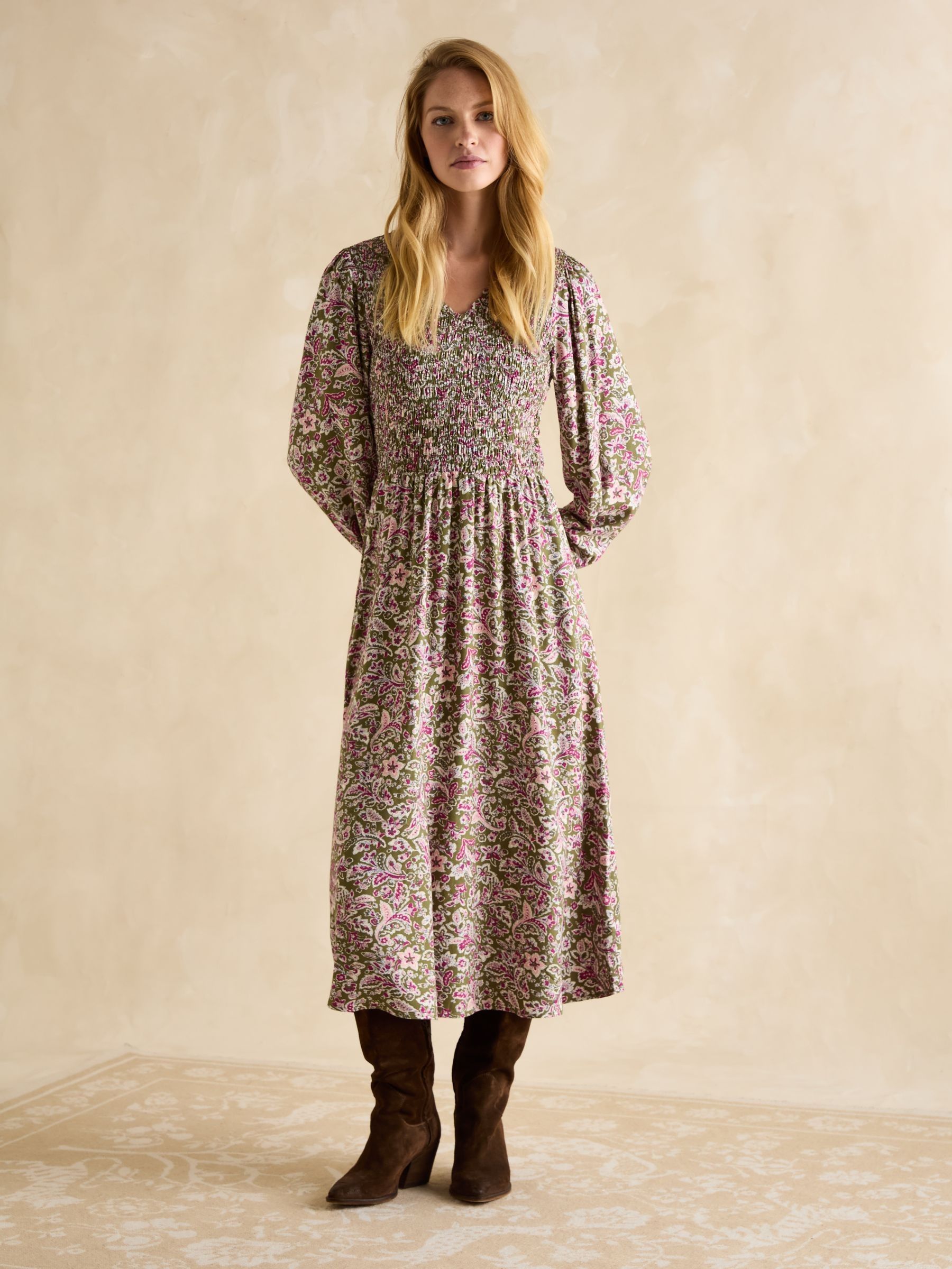 Lilliana Pink/Green Shirred Dress - Image 1 of 6