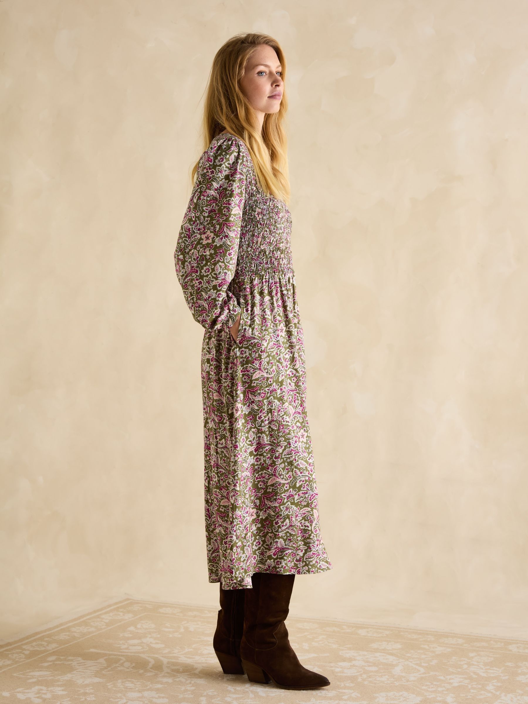 Lilliana Pink/Green Shirred Dress - Image 3 of 6