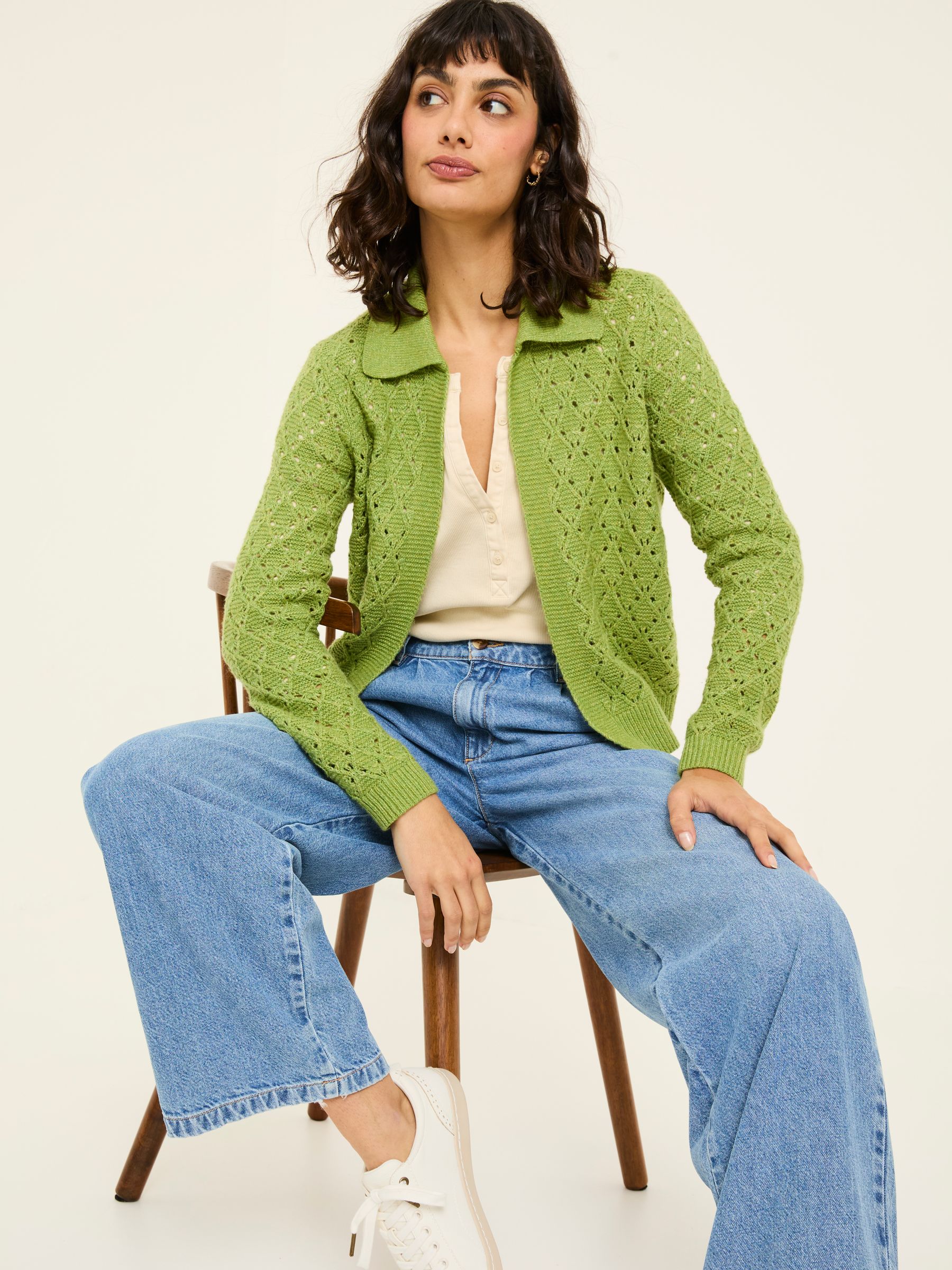 Lilah Green Pointelle Knitted Cardigan - Image 3 of 6