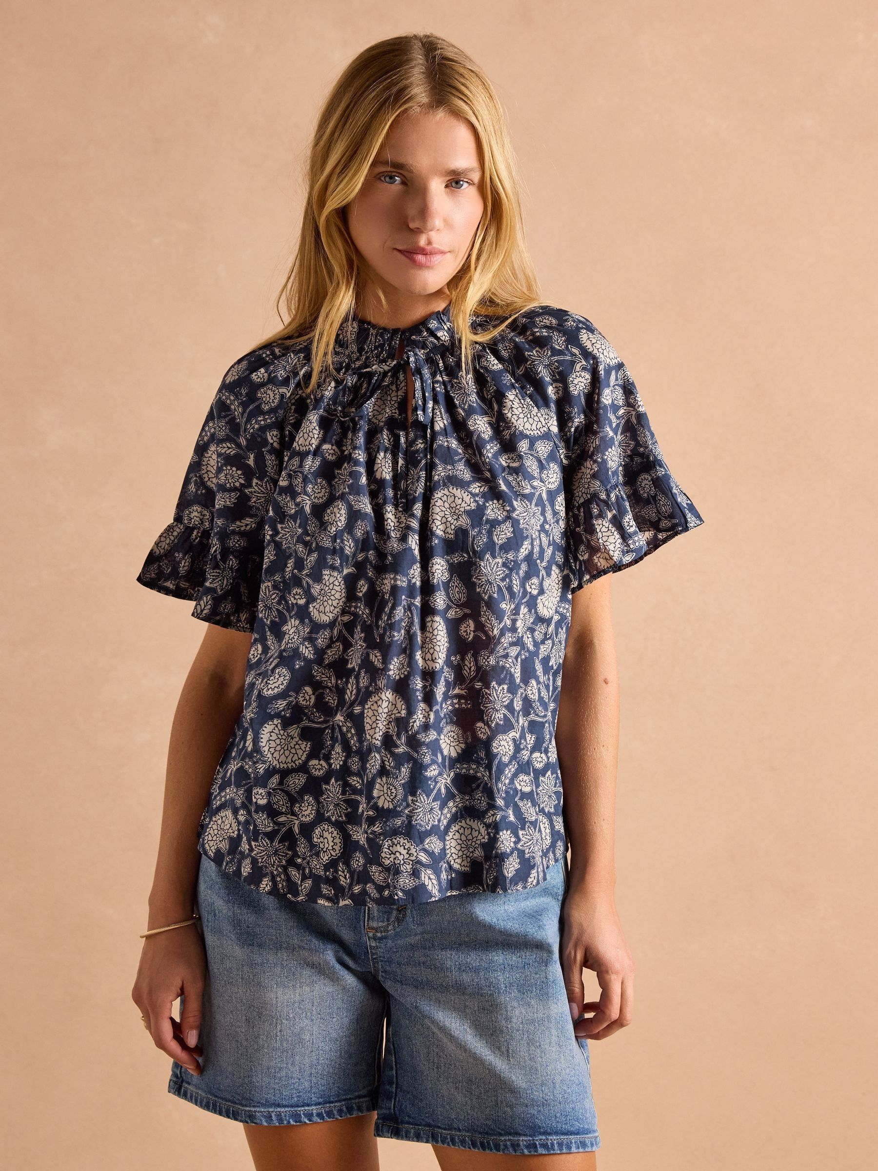 Melissa Navy Short Sleeve Cotton Blouse - Image 1 of 8