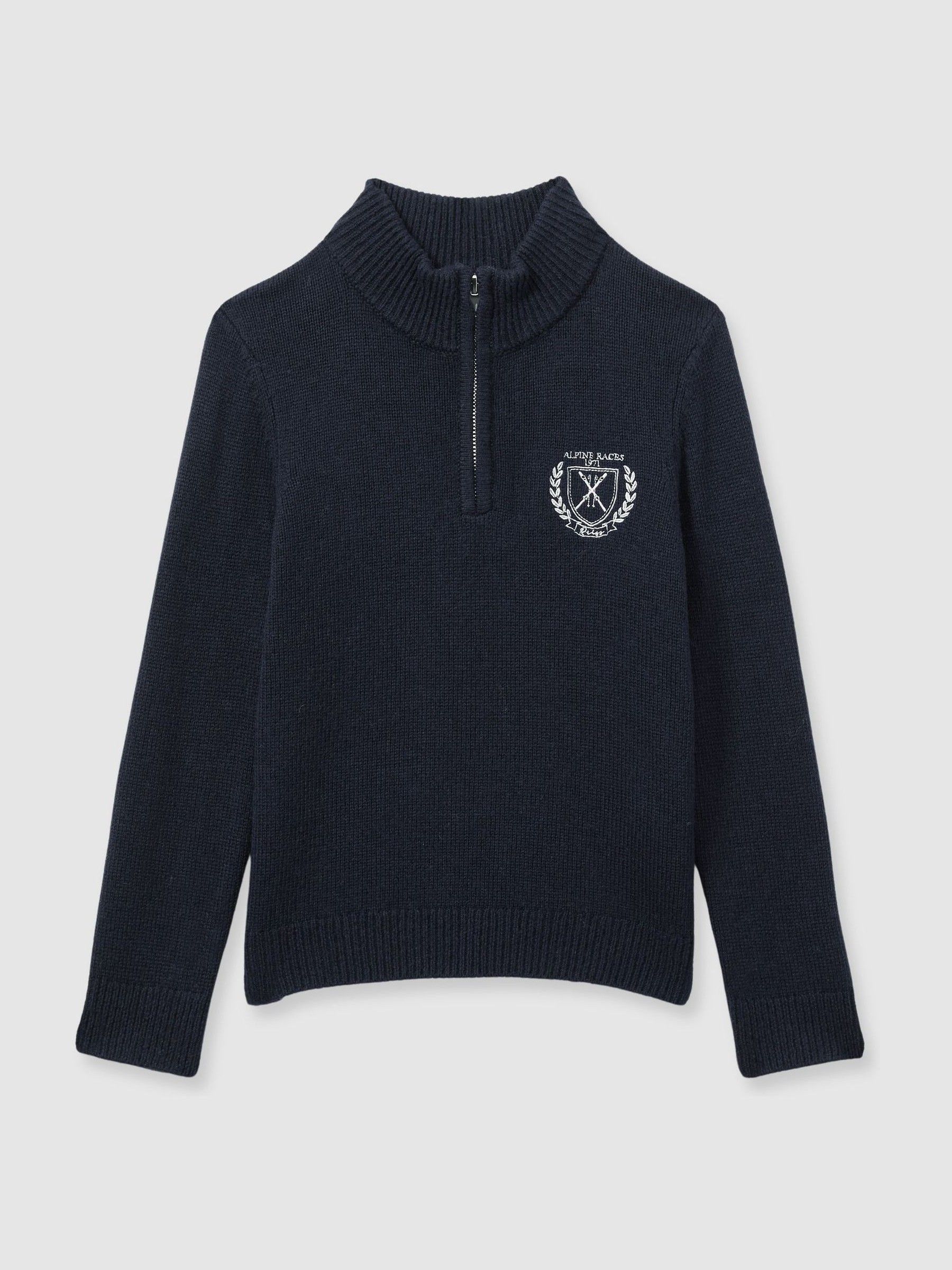 13-14 yrs Embroidered Quarter Zip Jumper with Cashmere Wool and Cotton in Navy - Image 1 of 4 13-14 yrs Embroidered Quarter Zip Jumper with Cashmere Wool and Cotton in Navy - Image 1 of 4