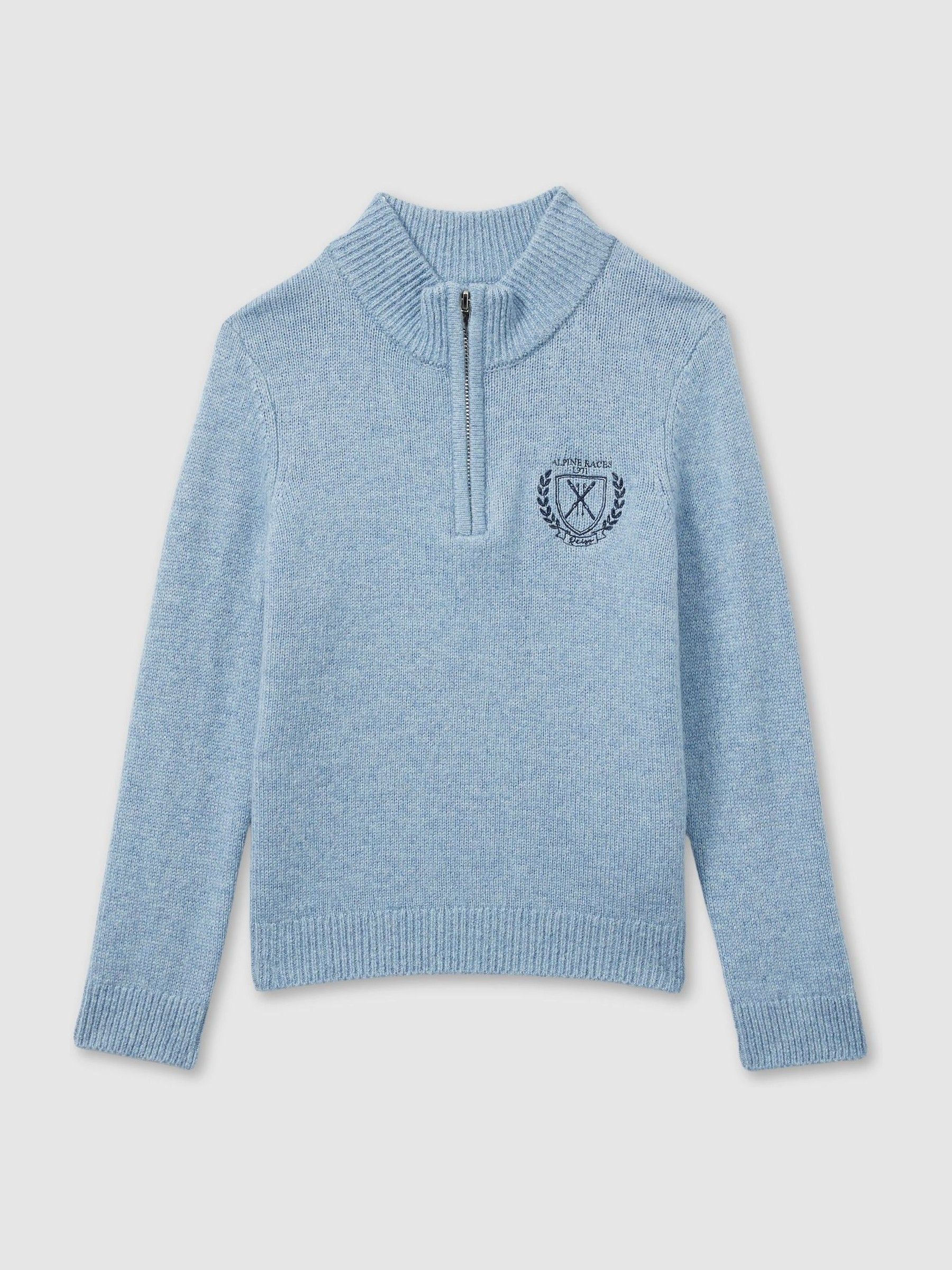 13-14 yrs Embroidered Quarter Zip Jumper with Cashmere Wool and Cotton in Soft Blue Melange - Image 1 of 4