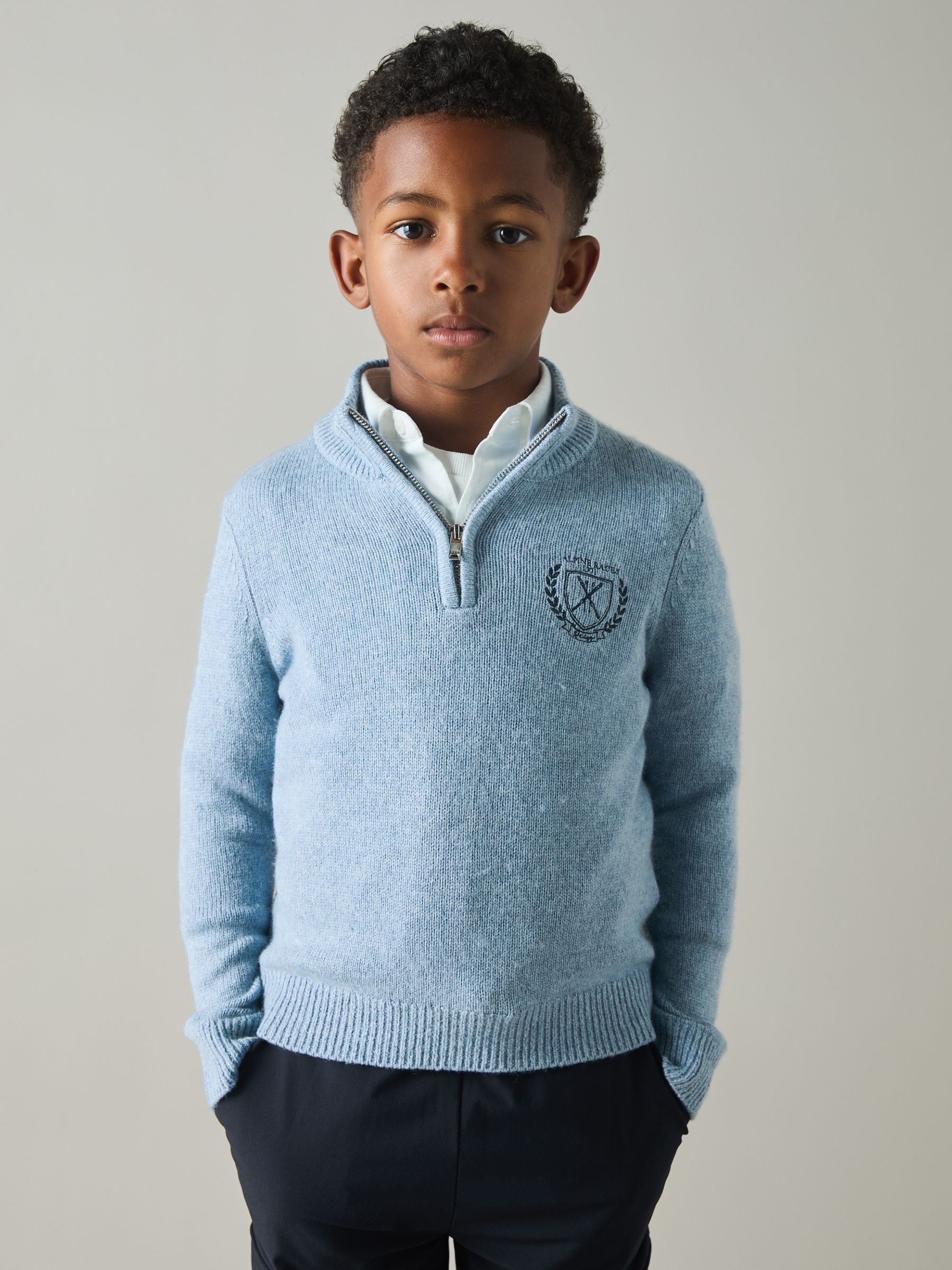 13-14 yrs Embroidered Quarter Zip Jumper with Cashmere Wool and Cotton in Soft Blue Melange - Image 2 of 4