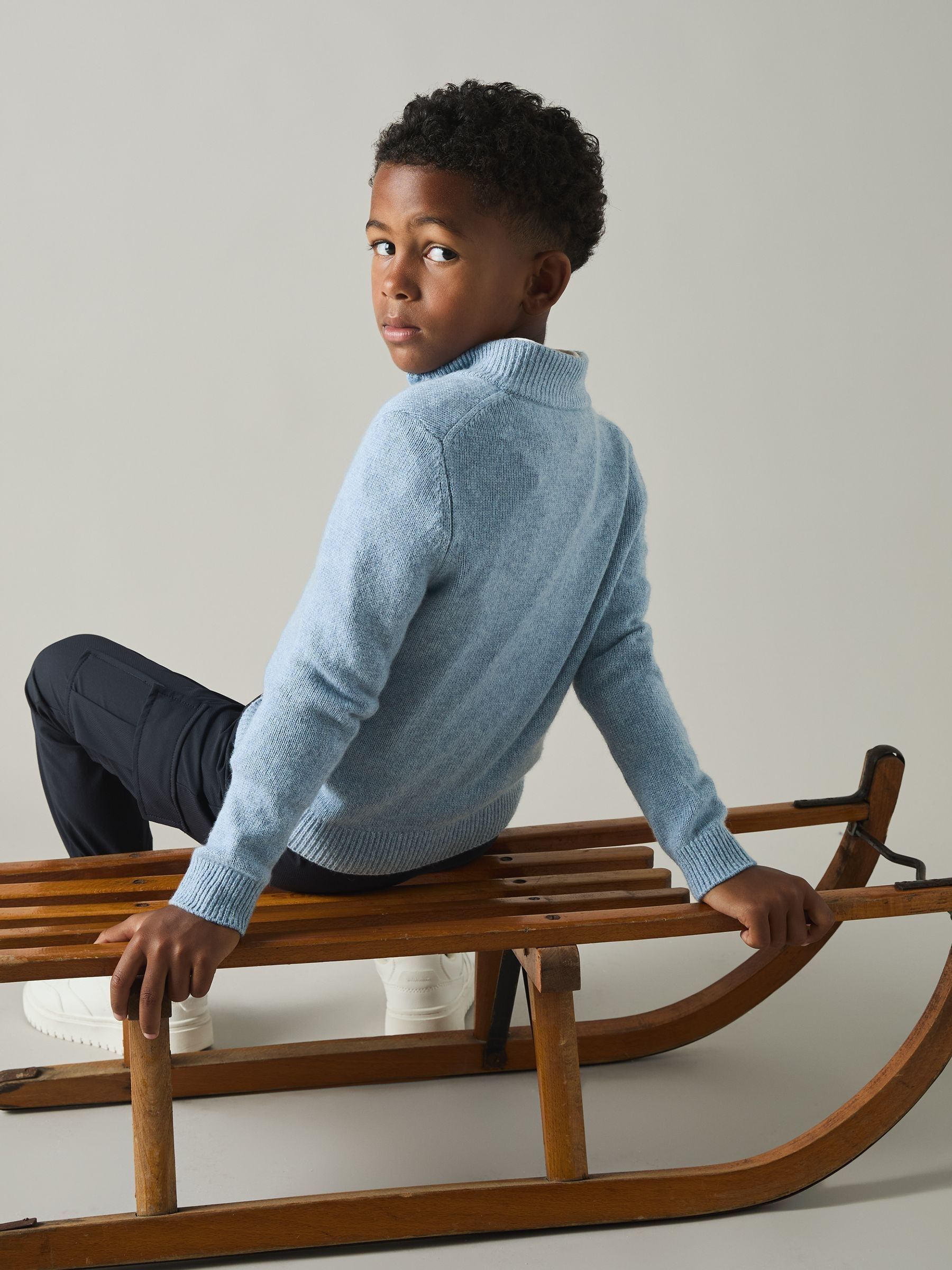 13-14 yrs Embroidered Quarter Zip Jumper with Cashmere Wool and Cotton in Soft Blue Melange - Image 3 of 4