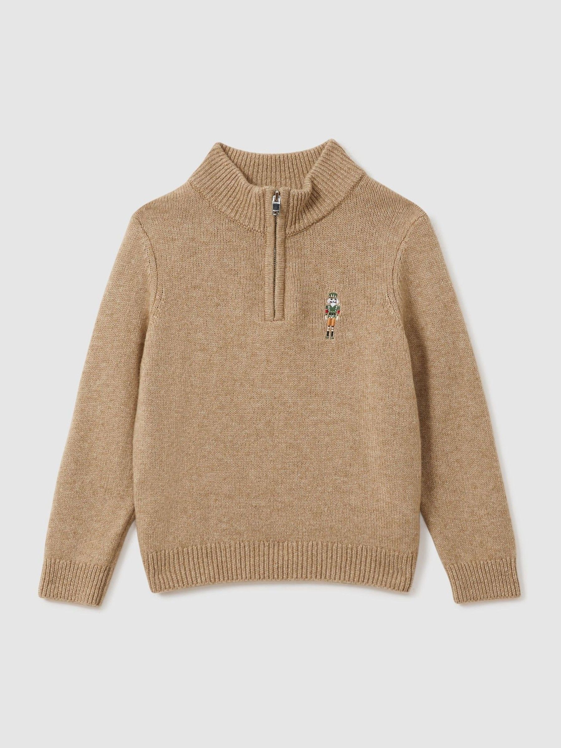 Half-Zip Funnel Neck Jumper in Camel Brown Melange - Image 1 of 4