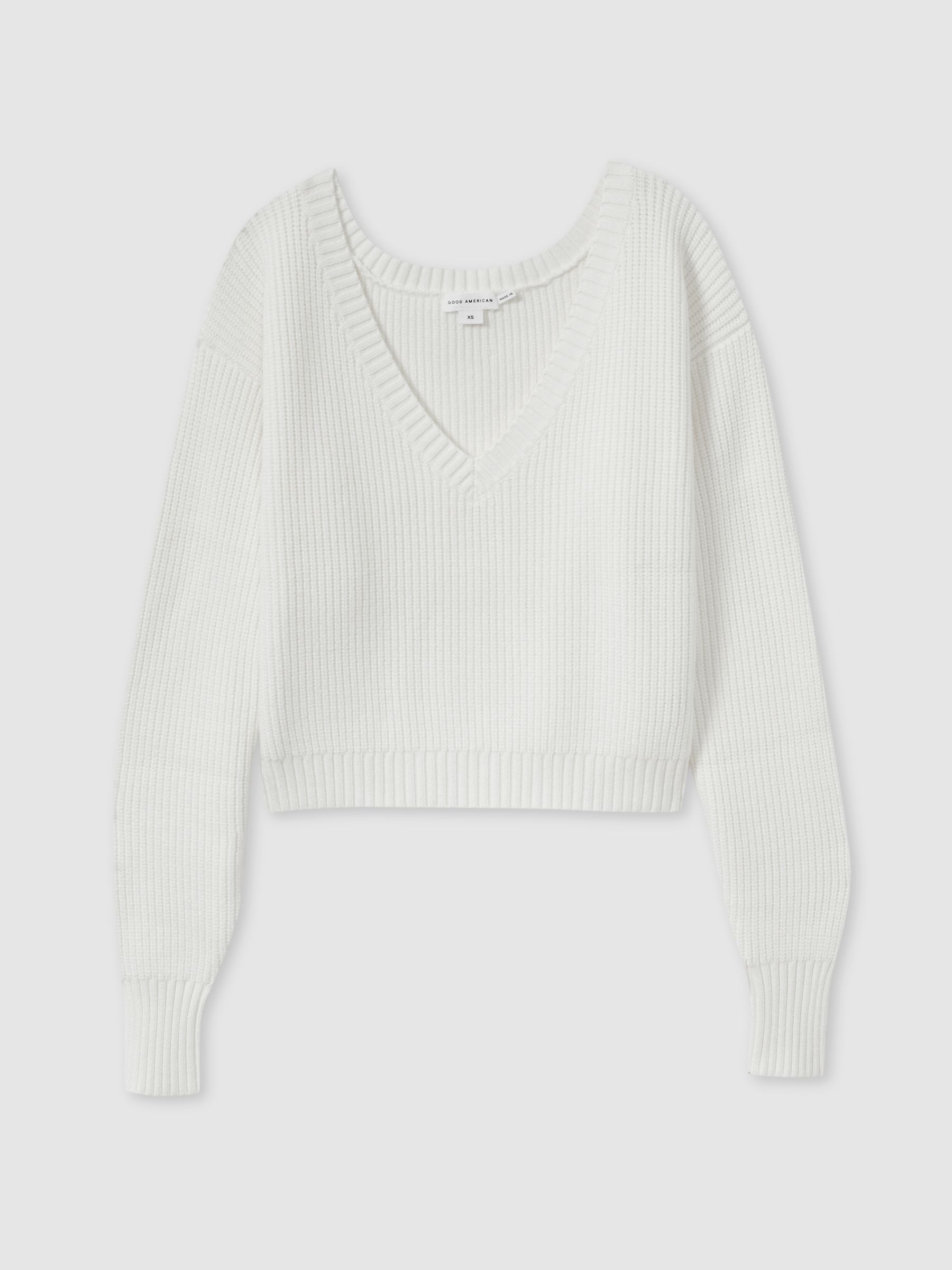 Good American Ribbed V-Neck Jumper in Ivory - Image 2 of 5