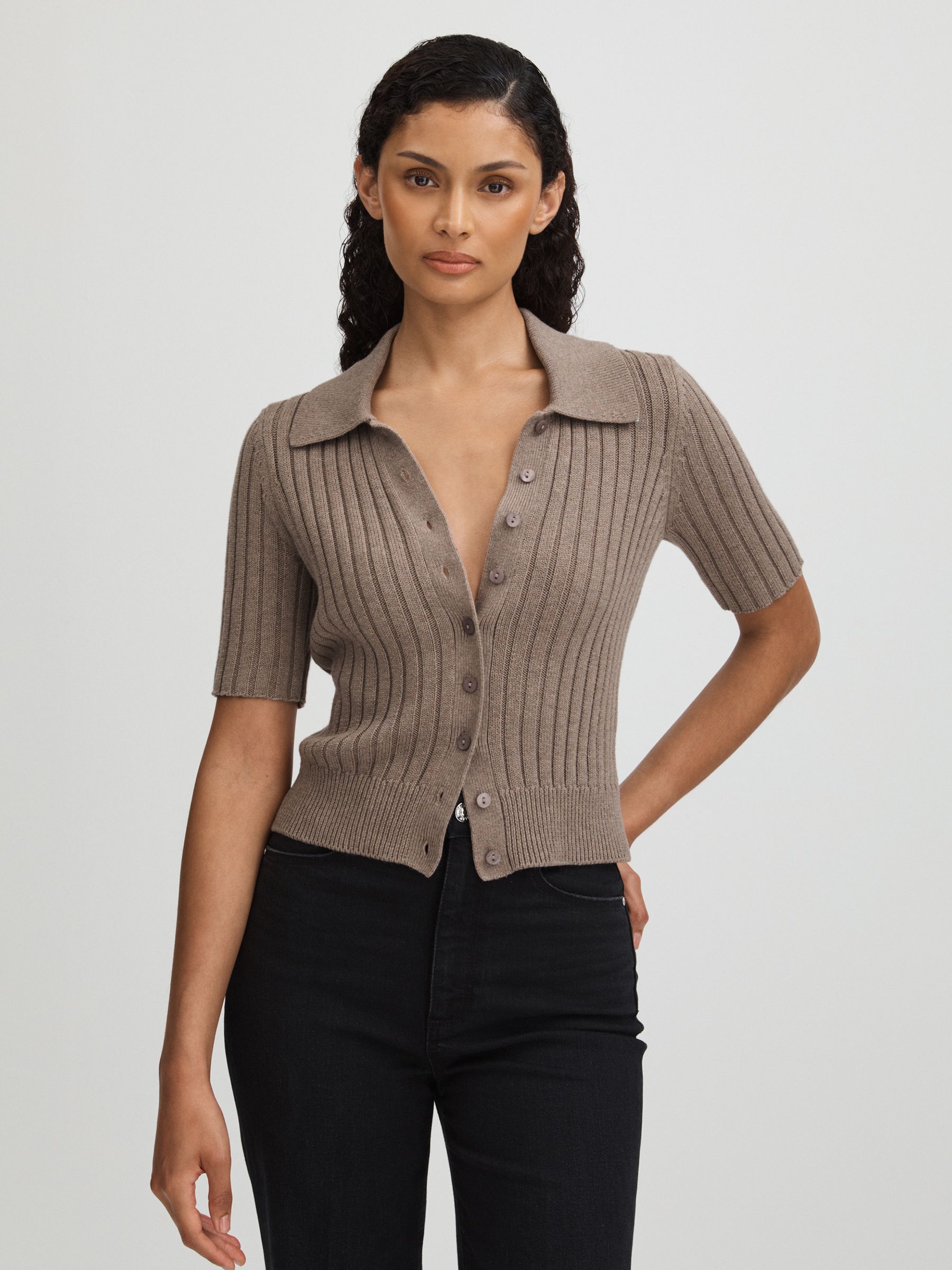 Lianne Light Brown Paige Light Brown Ribbed Button-Through Top - Image 1 of 6 Lianne Light Brown Paige Light Brown Ribbed Button-Through Top - Image 1 of 6