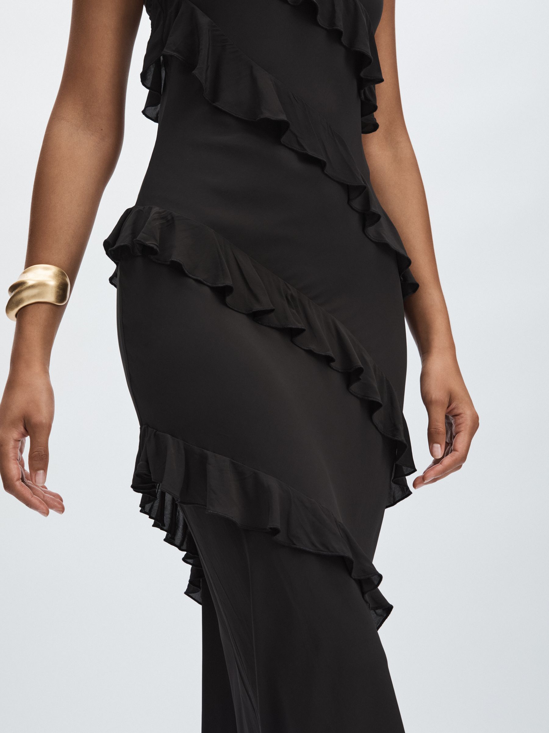 Ruffled Chiffon Slip Dress in Black - Image 4 of 6