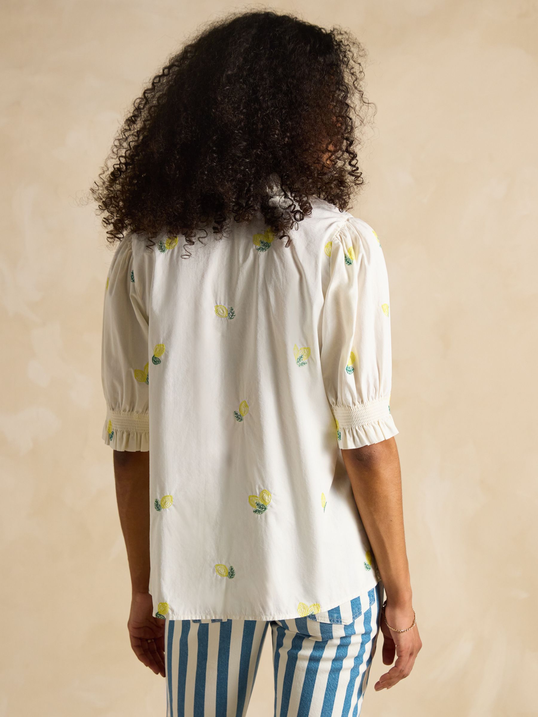 Elle Cream Lemon Embroidered Frill Neck Cotton Blouse - Image 2 of 6
