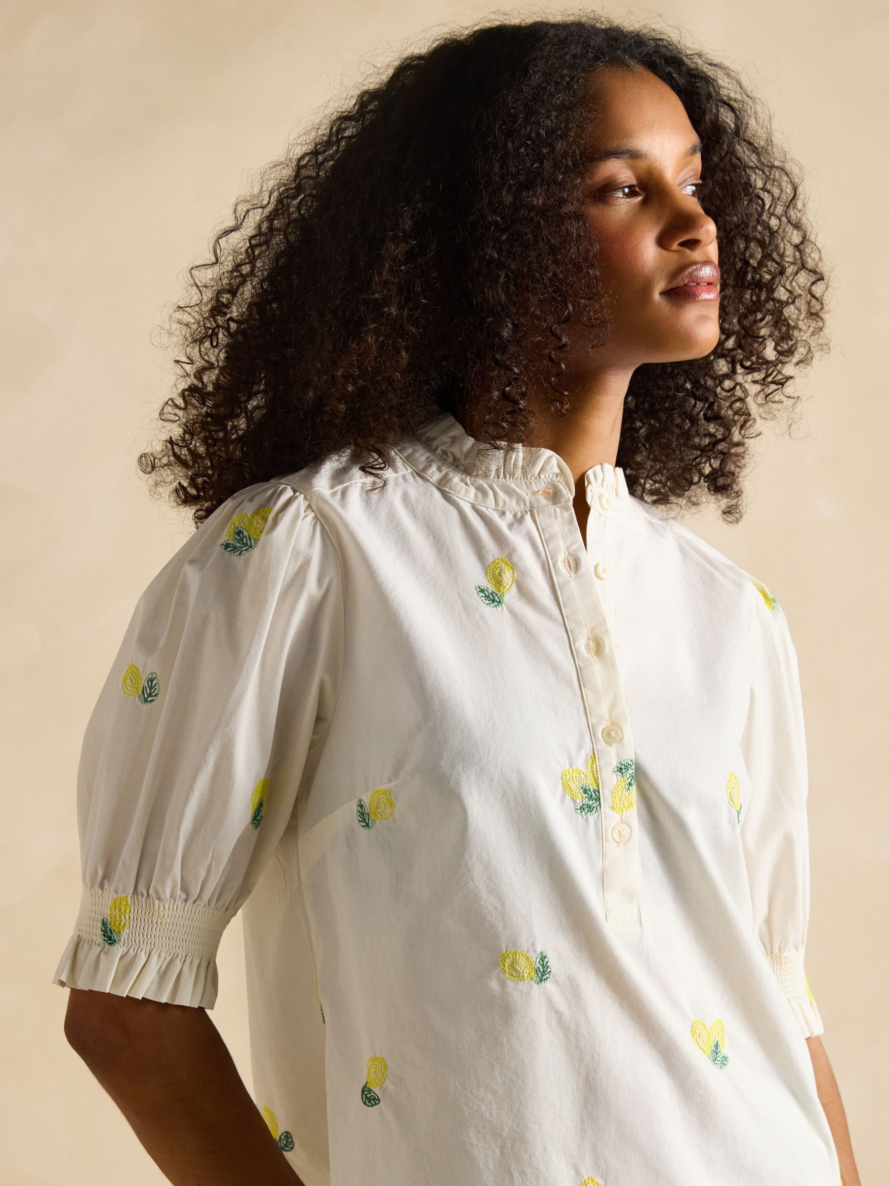 Elle Cream Lemon Embroidered Frill Neck Cotton Blouse - Image 3 of 6
