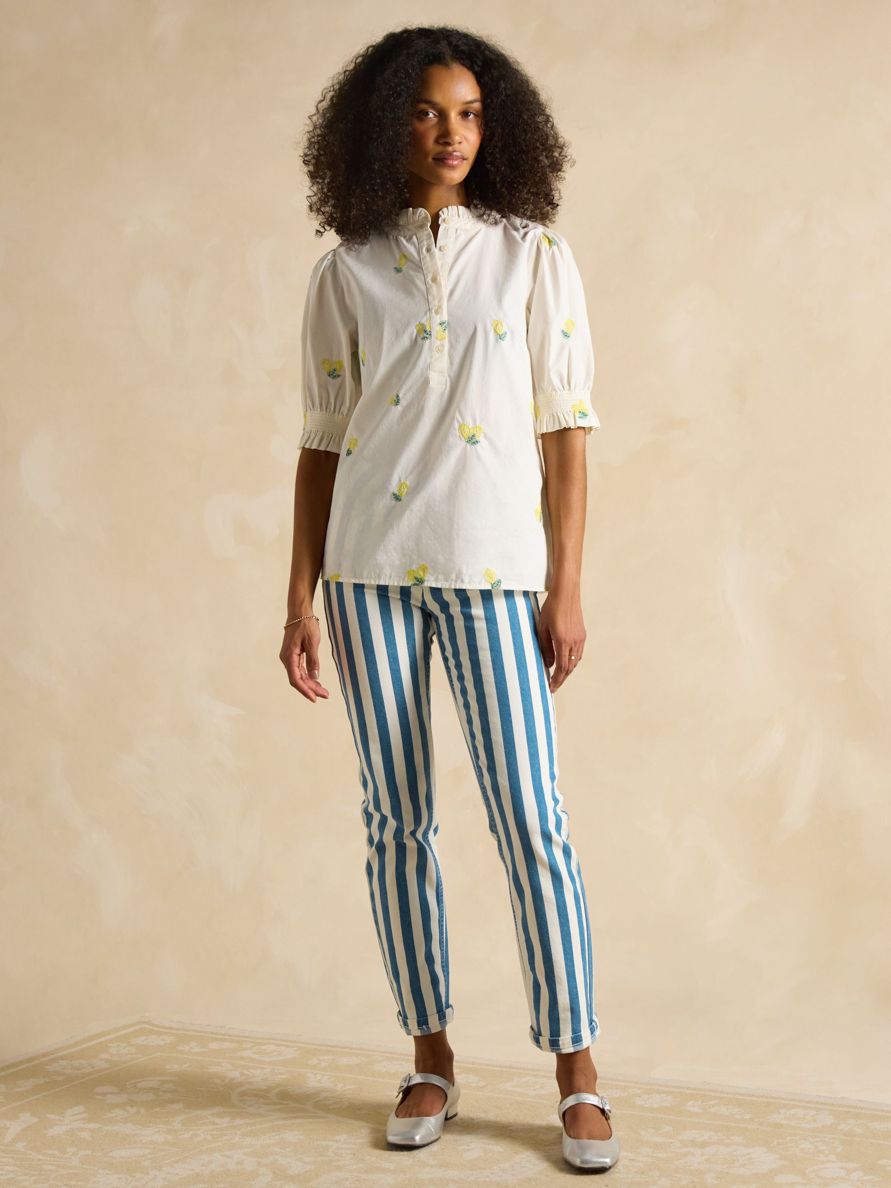 Elle Cream Lemon Embroidered Frill Neck Cotton Blouse - Image 4 of 6