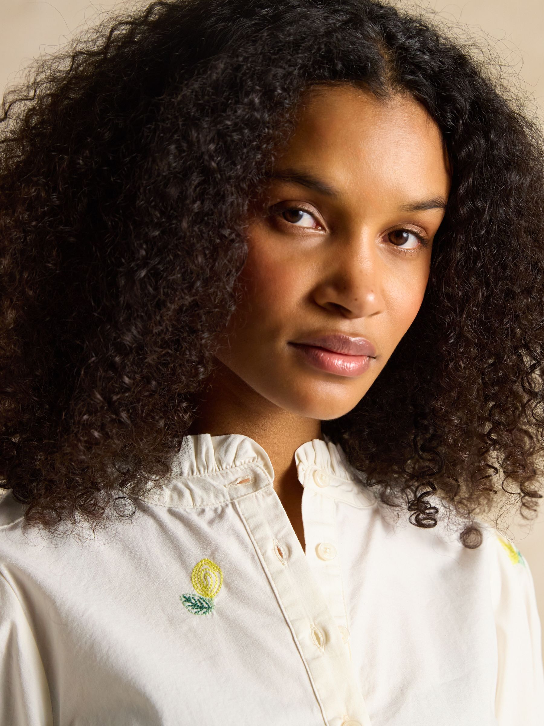 Elle Cream Lemon Embroidered Frill Neck Cotton Blouse - Image 5 of 6