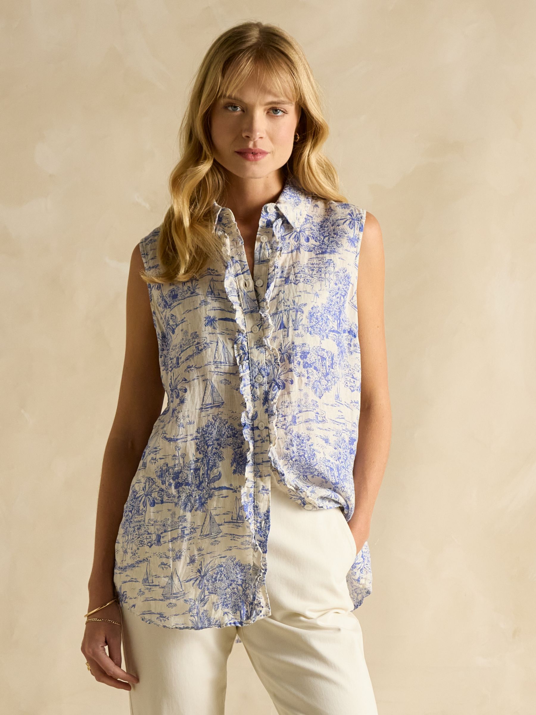 Selene Blue/White Toile de Jouy 100% Linen Sleeveless Shirt - Image 1 of 8