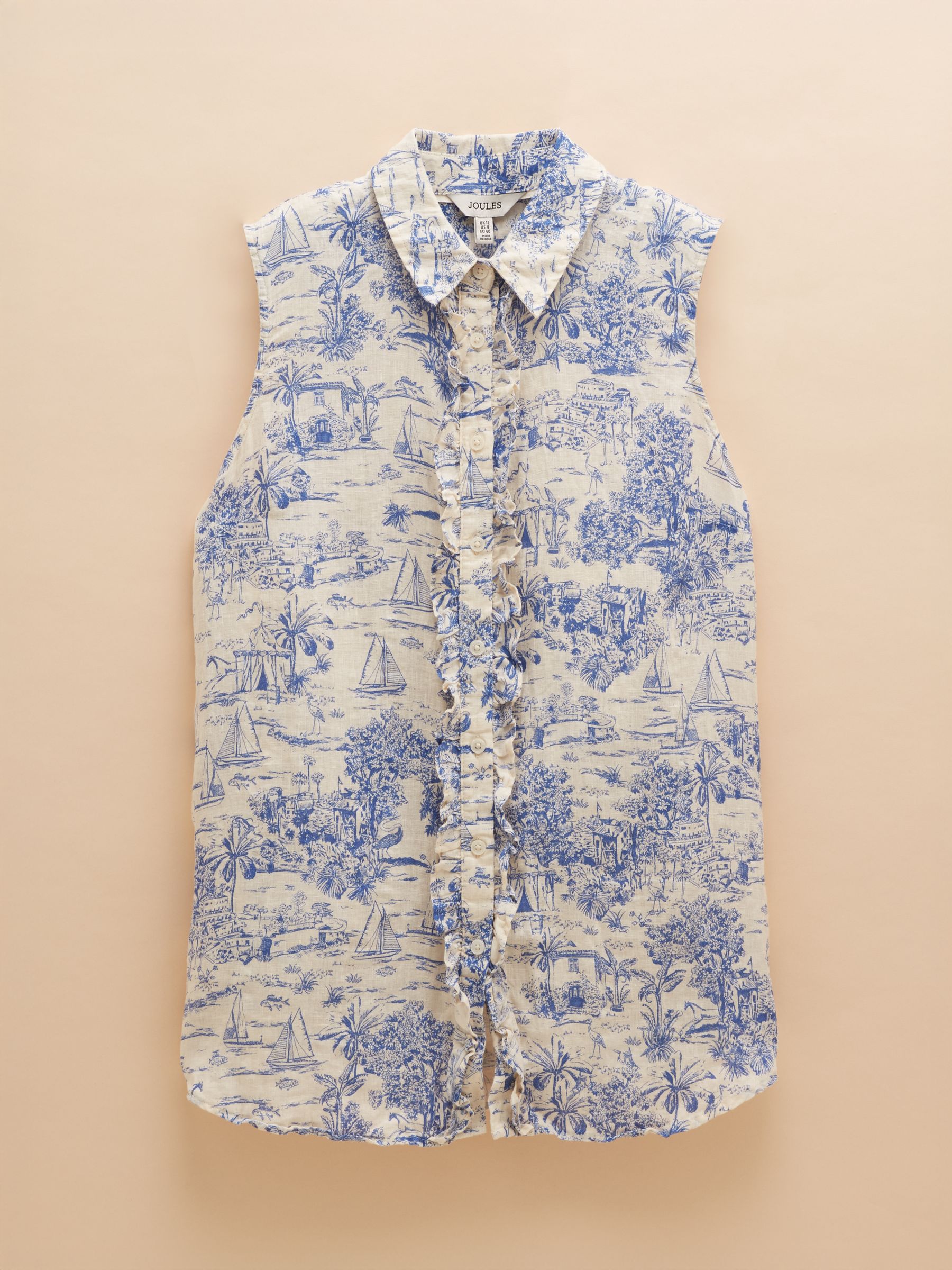 Selene Blue/White Toile de Jouy 100% Linen Sleeveless Shirt - Image 8 of 8