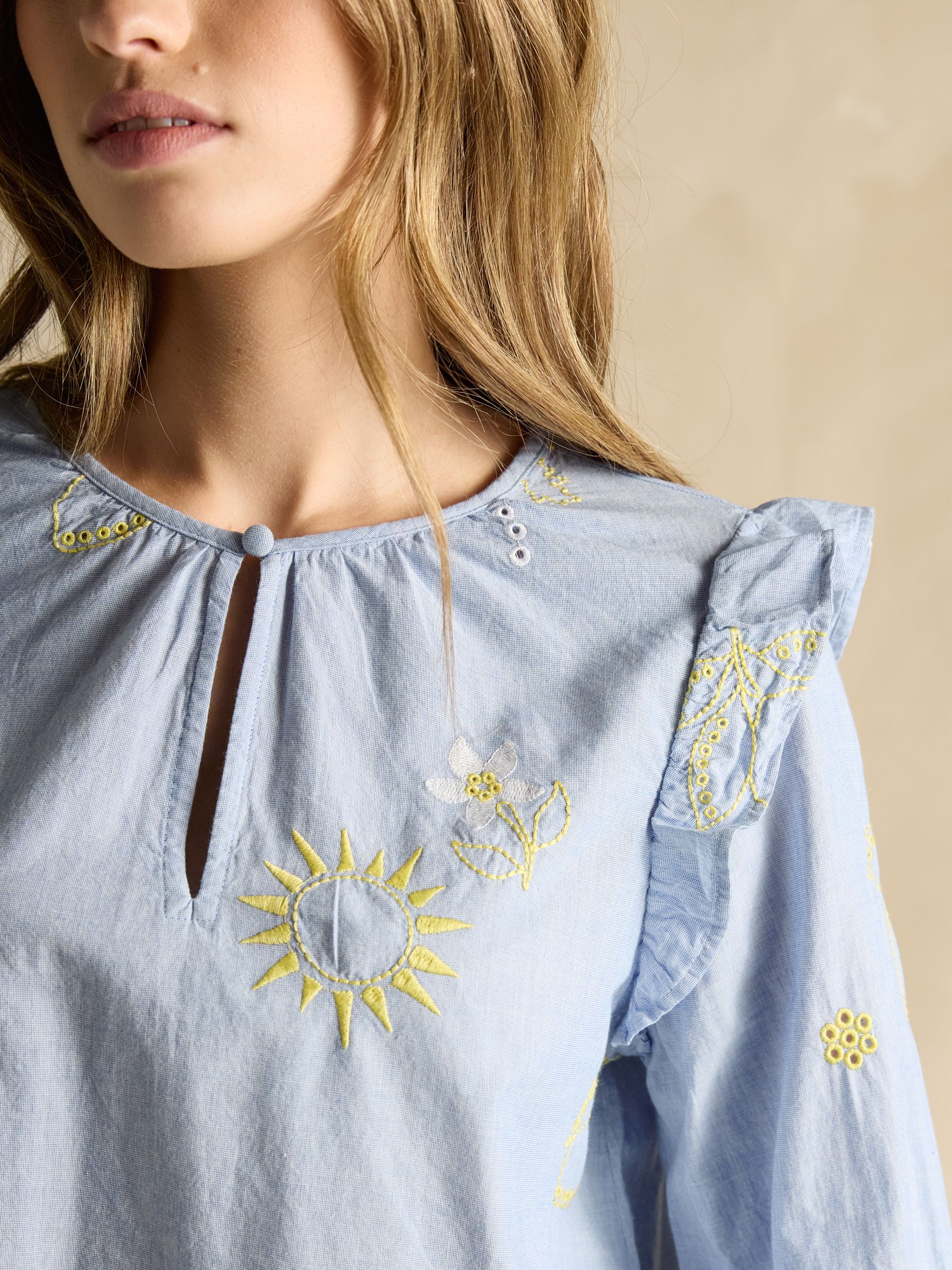 Soraya Blue & Yellow Embroidered Chambray Blouse - Image 5 of 7