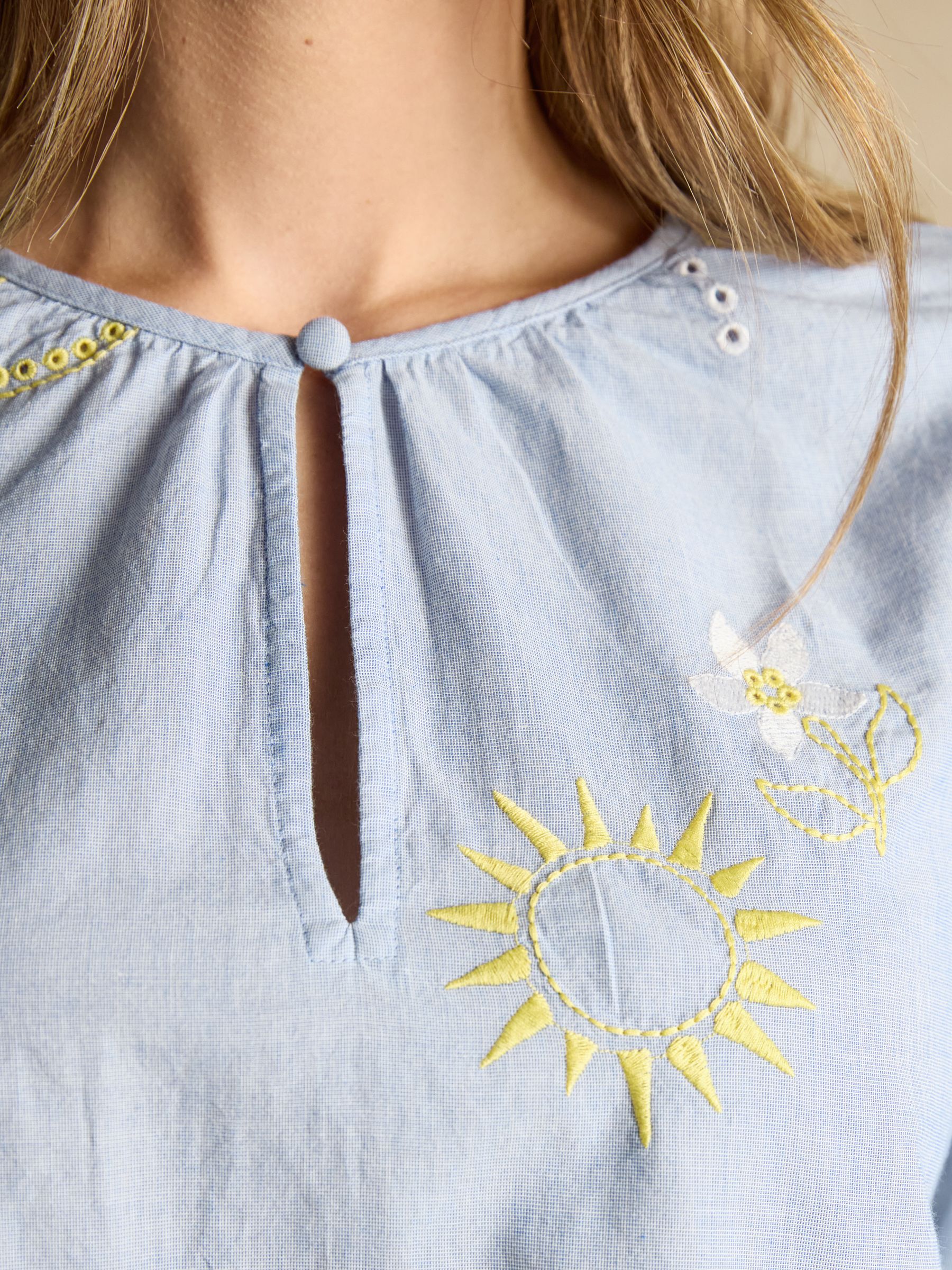Soraya Blue & Yellow Embroidered Chambray Blouse - Image 6 of 7