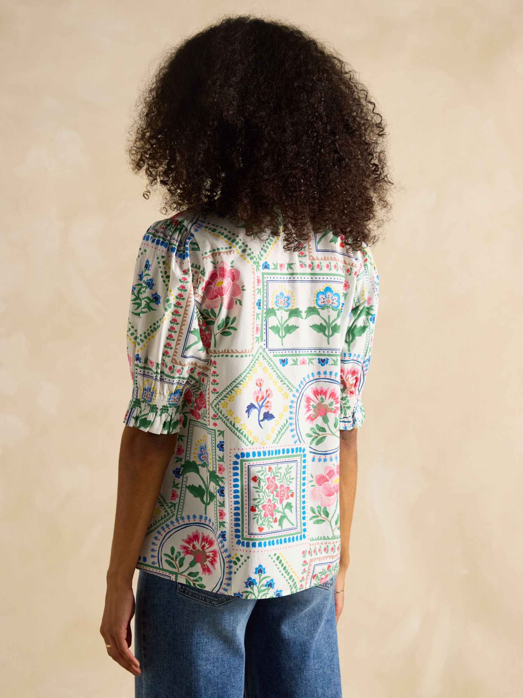 Elle Cream Tile Print Frill Neck Cotton Blouse - Image 2 of 7