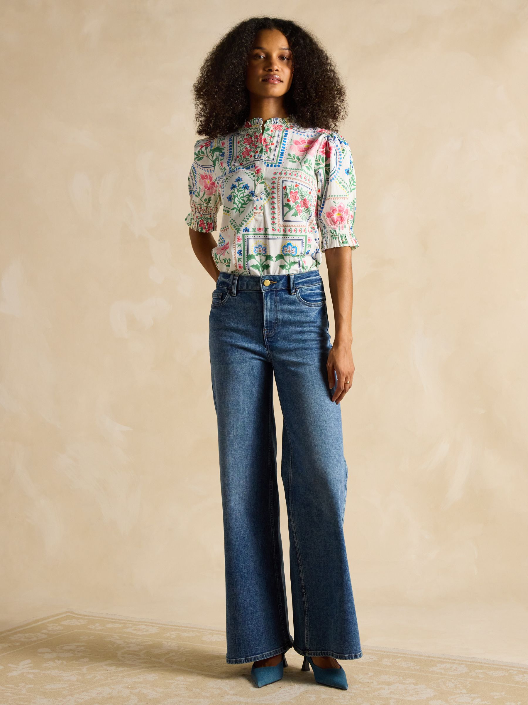 Elle Cream Tile Print Frill Neck Cotton Blouse - Image 3 of 7