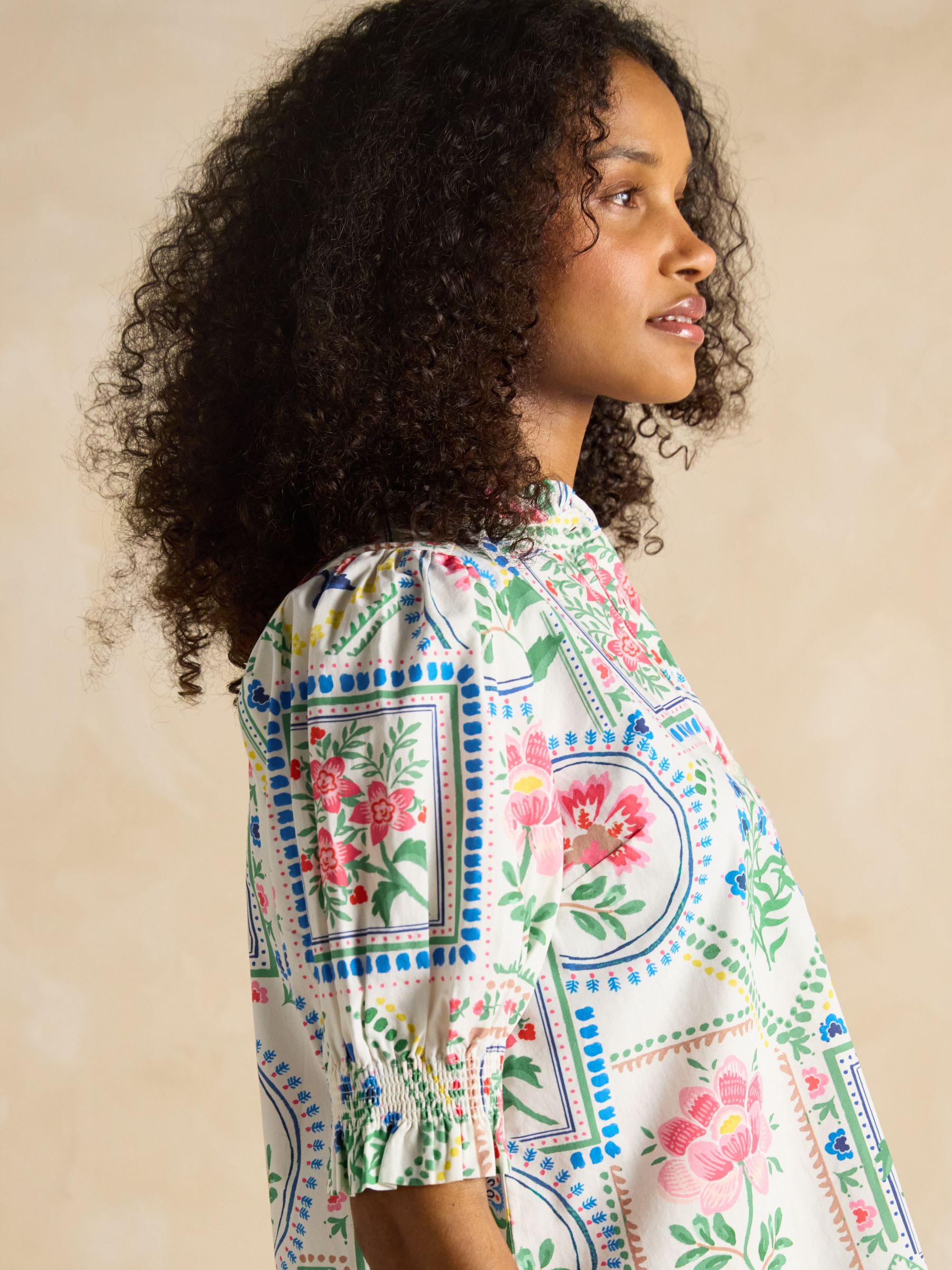 Elle Cream Tile Print Frill Neck Cotton Blouse - Image 4 of 7