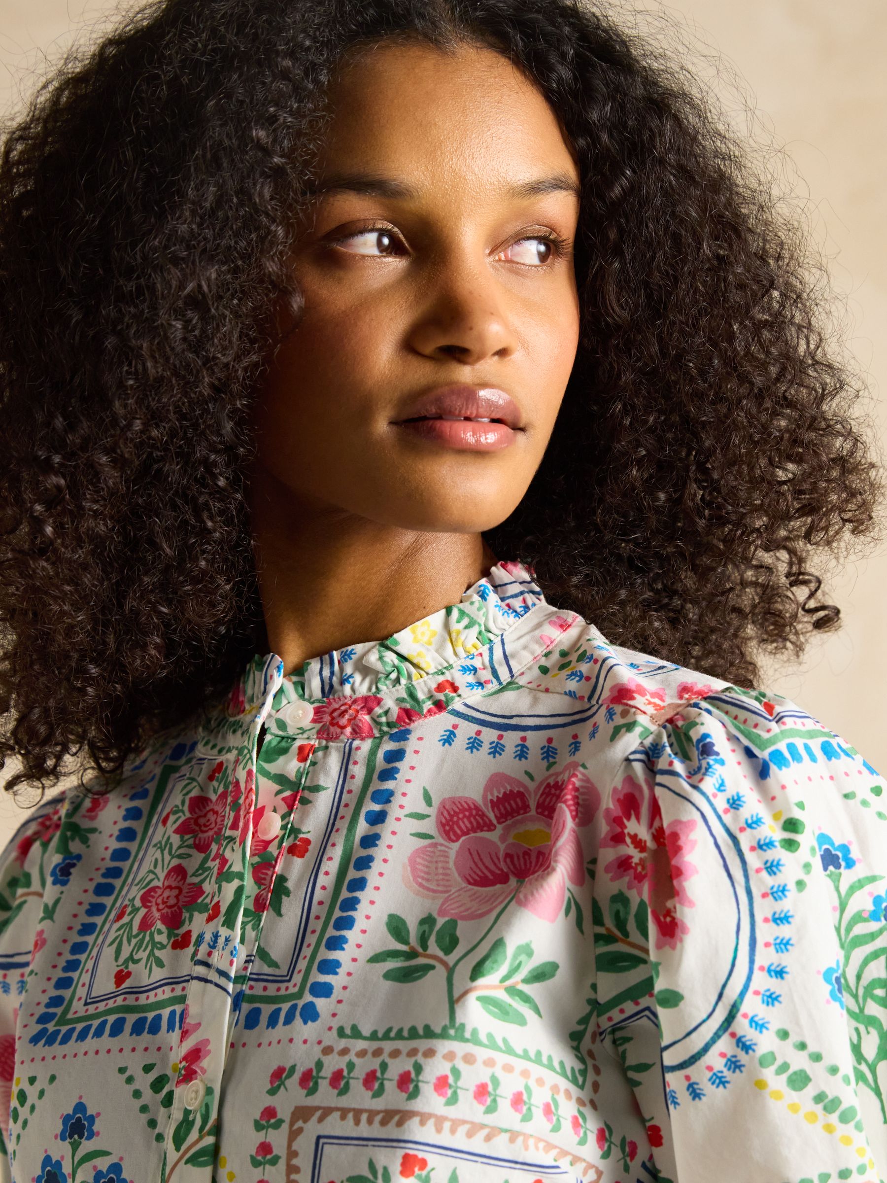 Elle Cream Tile Print Frill Neck Cotton Blouse | Joules