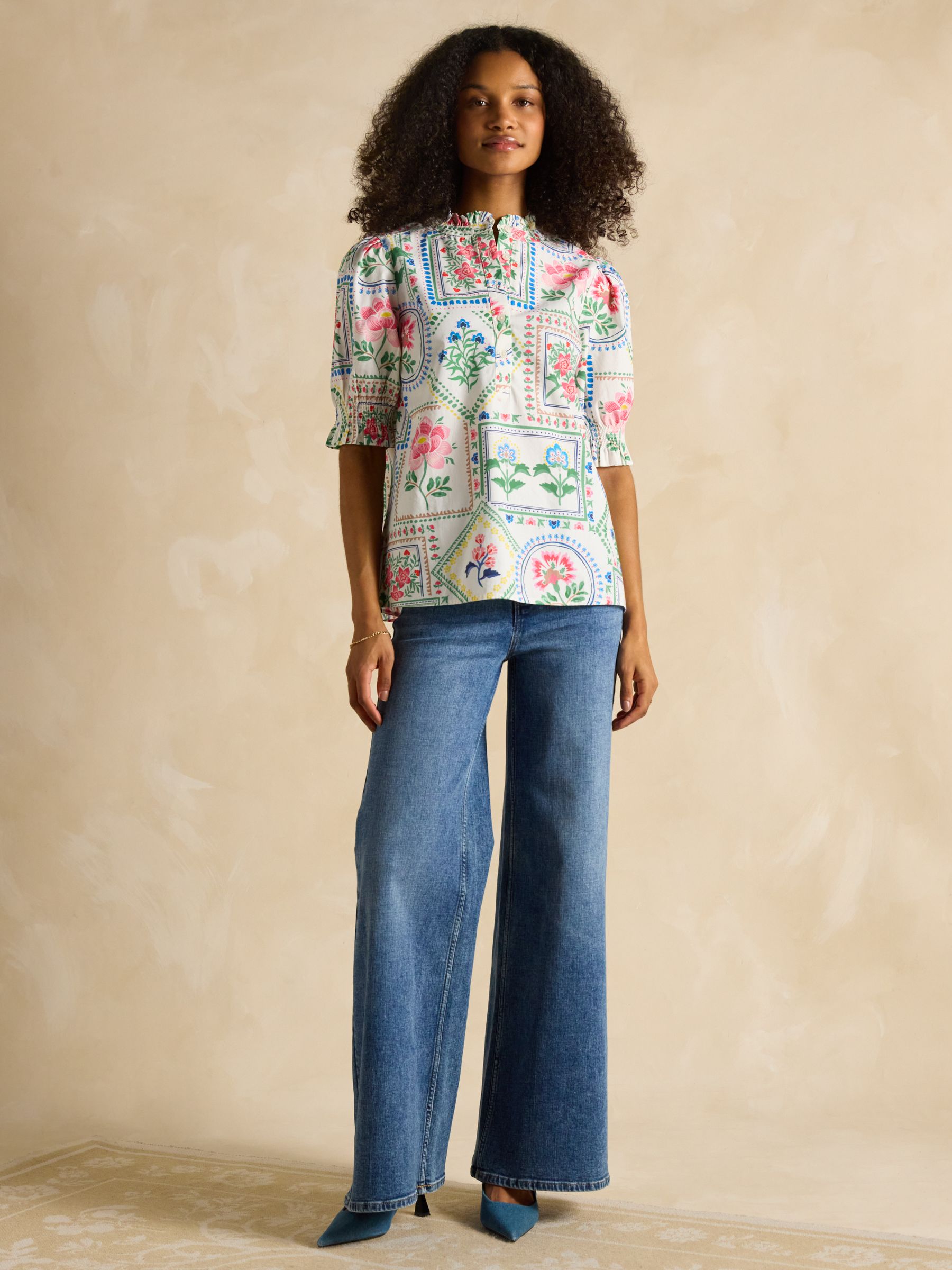 Elle Cream Tile Print Frill Neck Cotton Blouse - Image 6 of 7