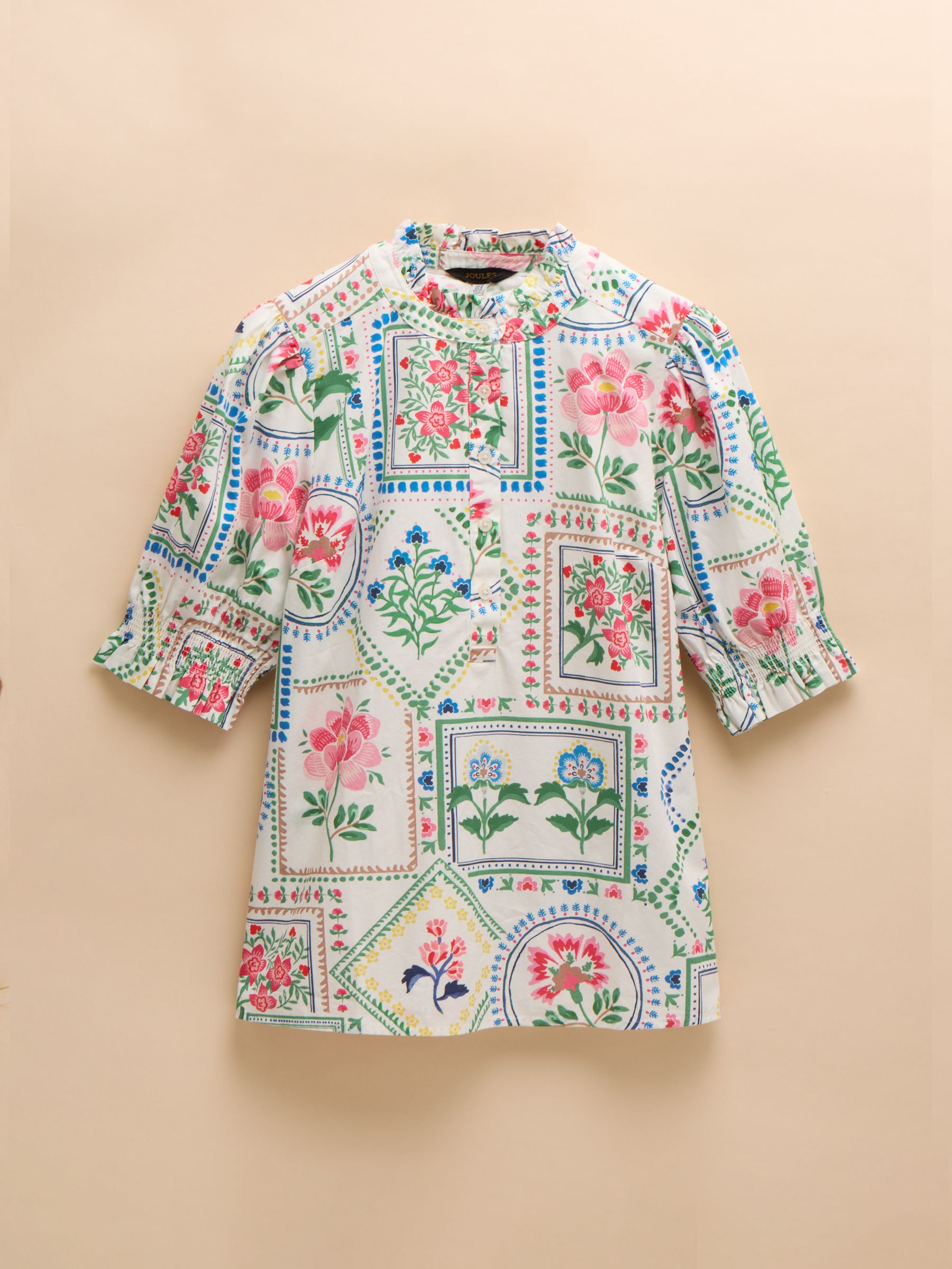Elle Cream Tile Print Frill Neck Cotton Blouse - Image 7 of 7