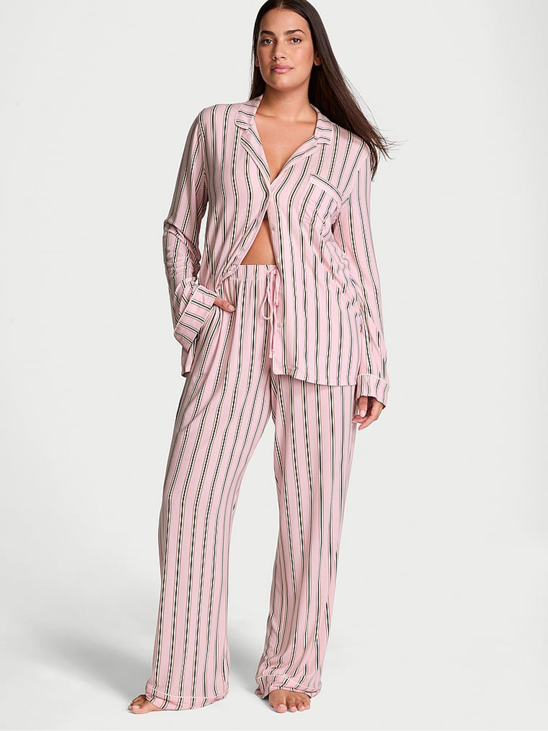 Pretty Blossom Stripe Pink Modal Long Pyjama Set - Image 1 of 4
