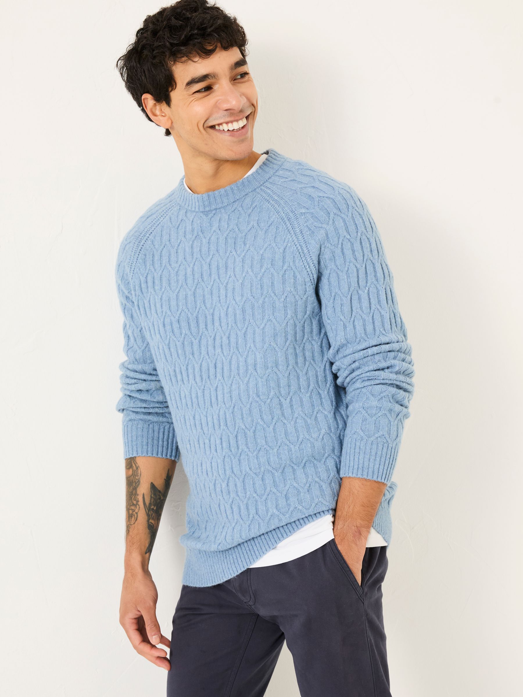 Light Blue Hinton Textured Knitted Crew Neck Jumper - Image 1 of 5