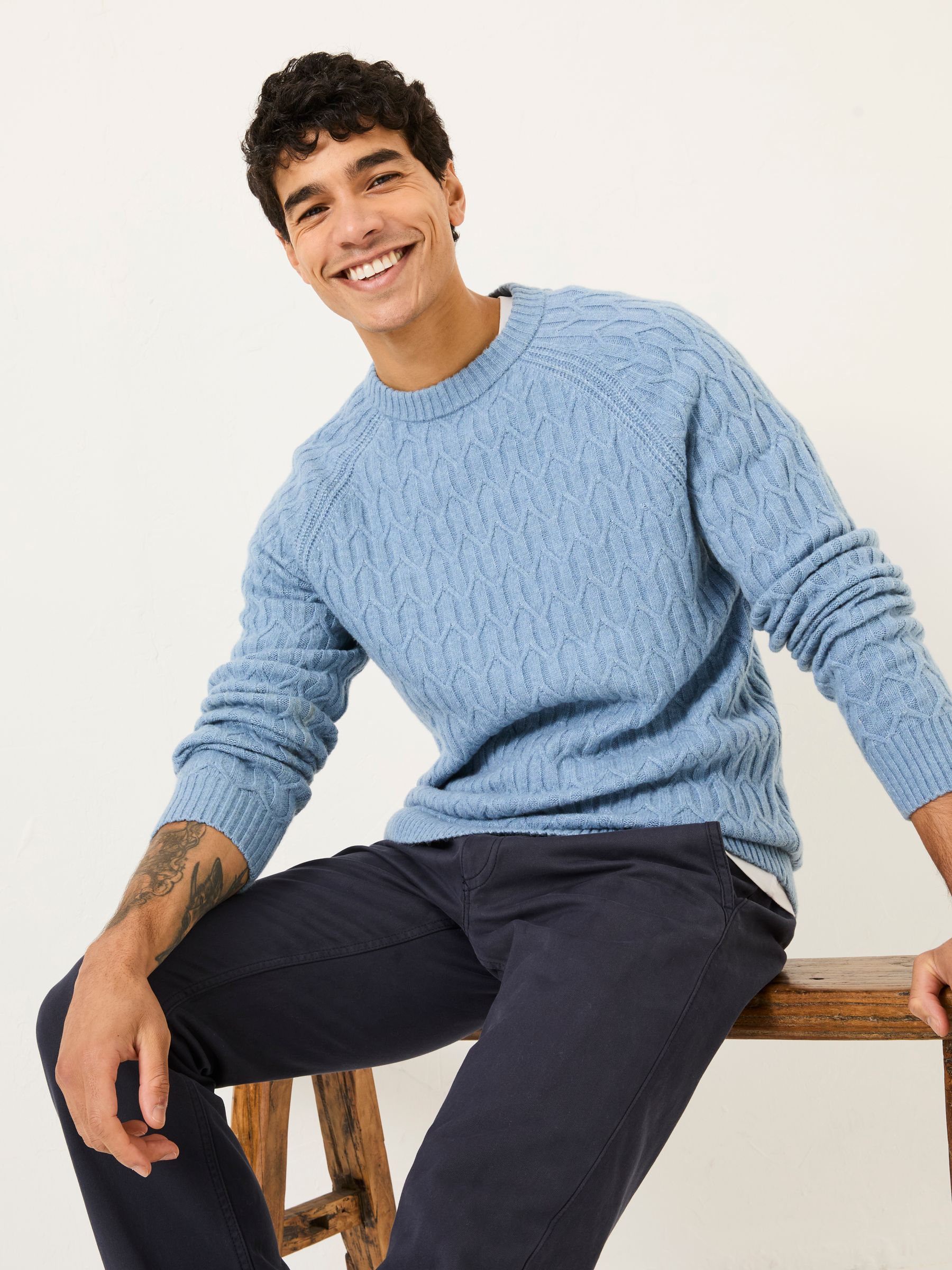 Light Blue Hinton Textured Knitted Crew Neck Jumper - Image 3 of 5