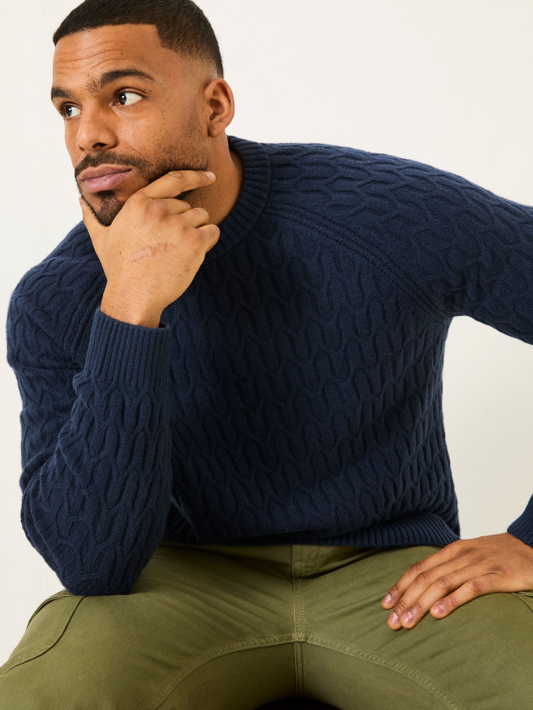 Navy Hinton Textured Knitted Crew Neck Jumper - Image 6 of 7