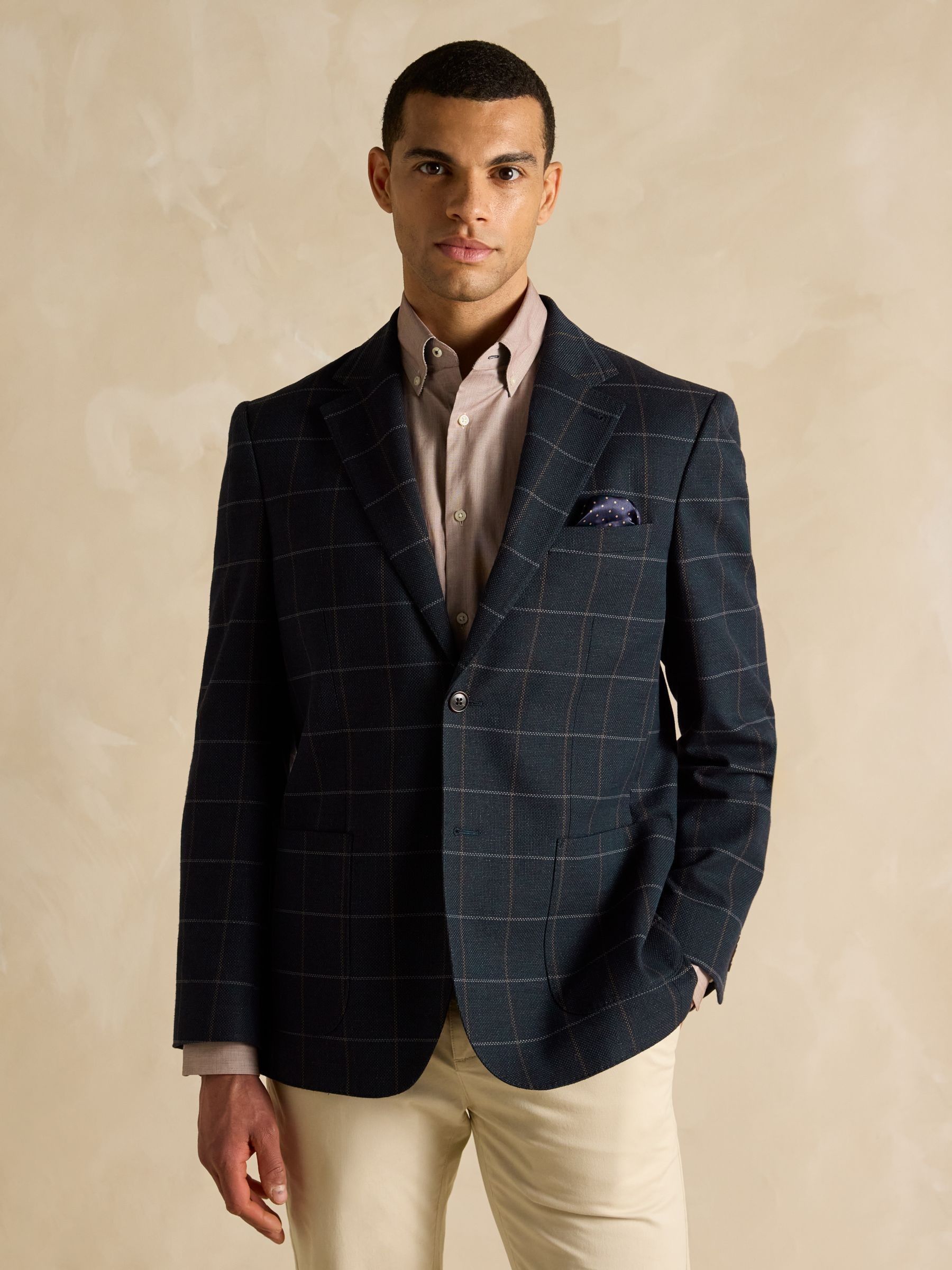 Navy Slim Fit Check Blazer - Image 2 of 11