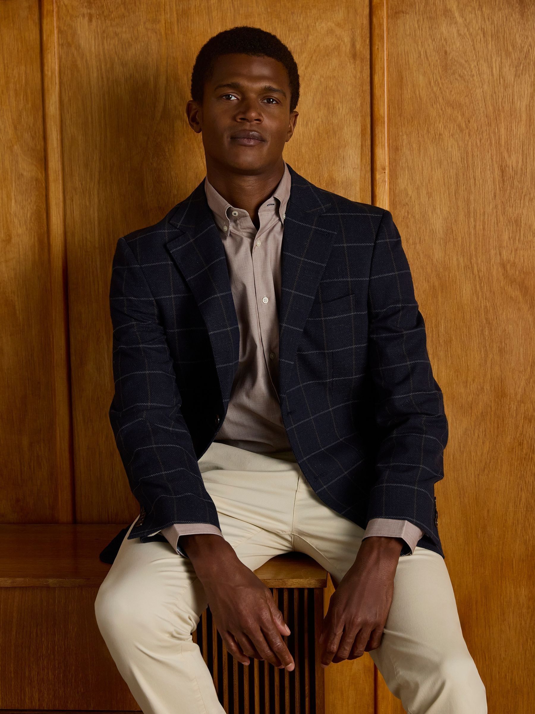 Navy Slim Fit Check Blazer - Image 3 of 11