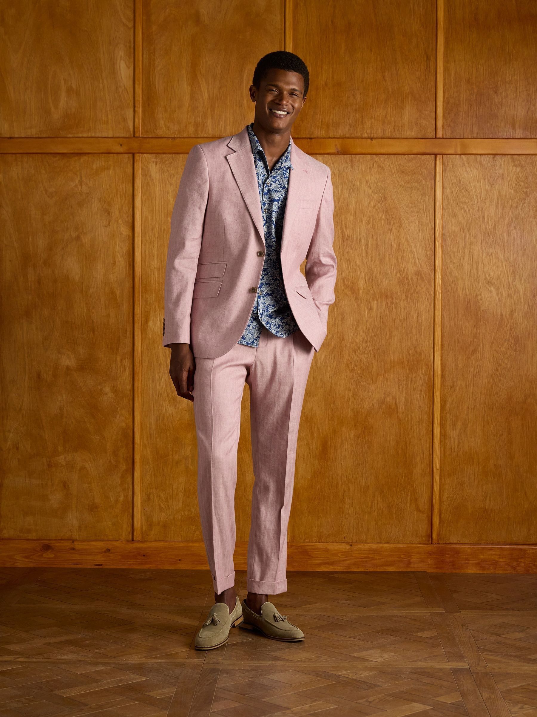 Pink Linen Herringbone Slim Fit Suit Jacket - Image 2 of 12