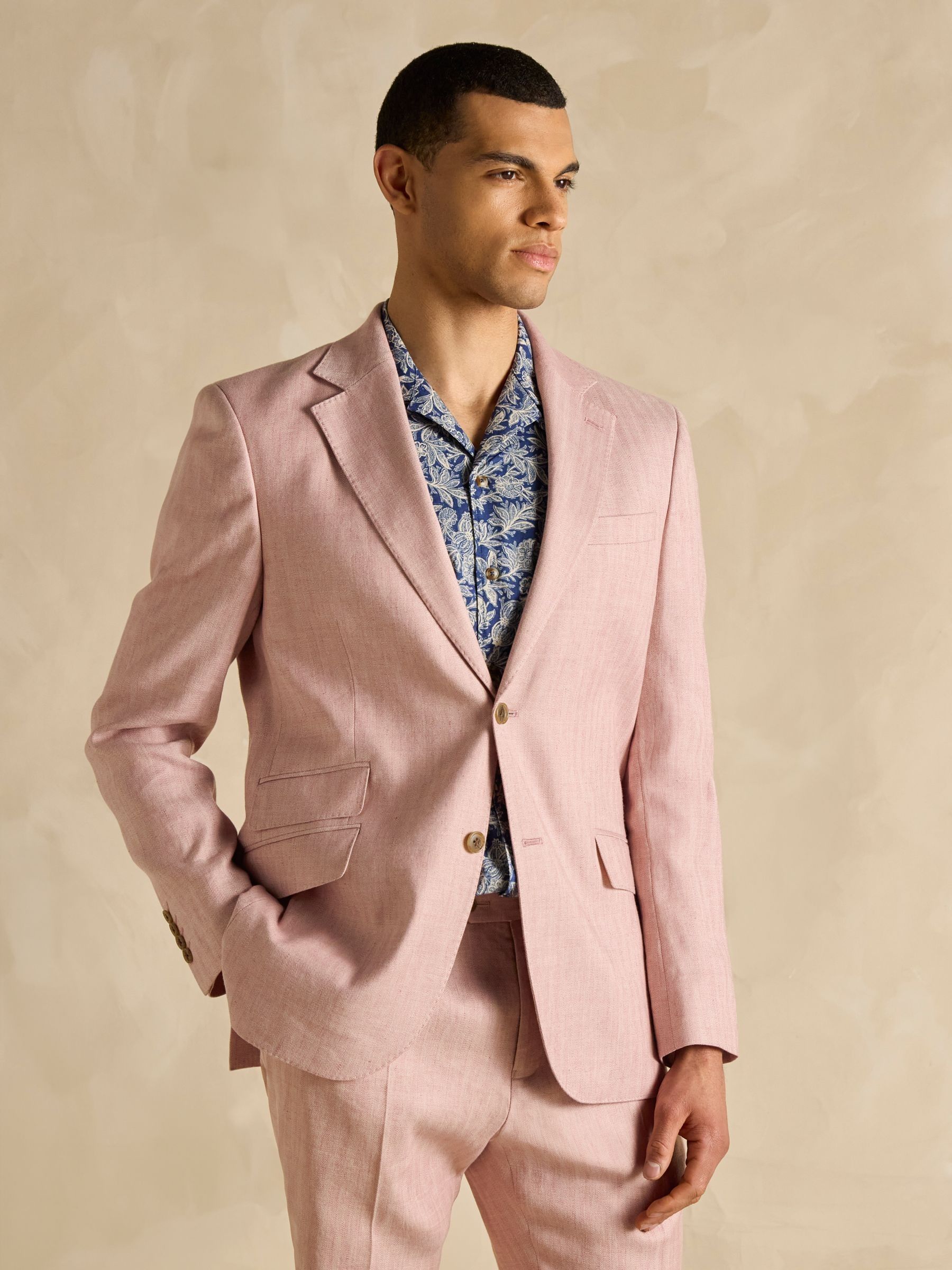 Pink Linen Herringbone Slim Fit Suit Jacket - Image 4 of 12
