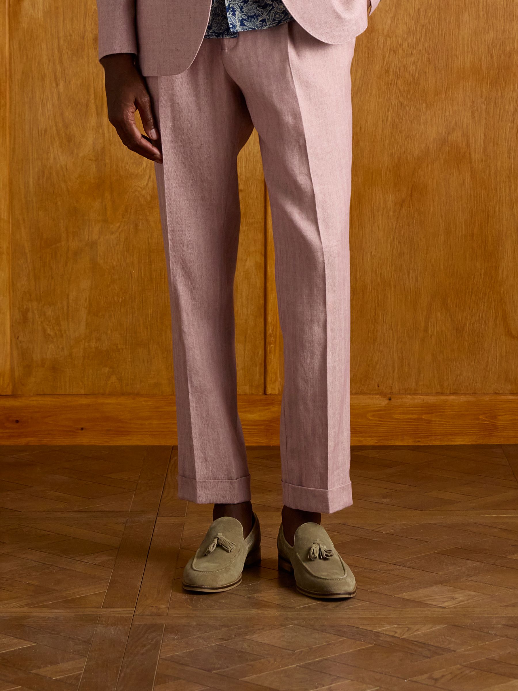 Pink Slim Fit Linen Herringbone Suit Trousers - Image 1 of 8