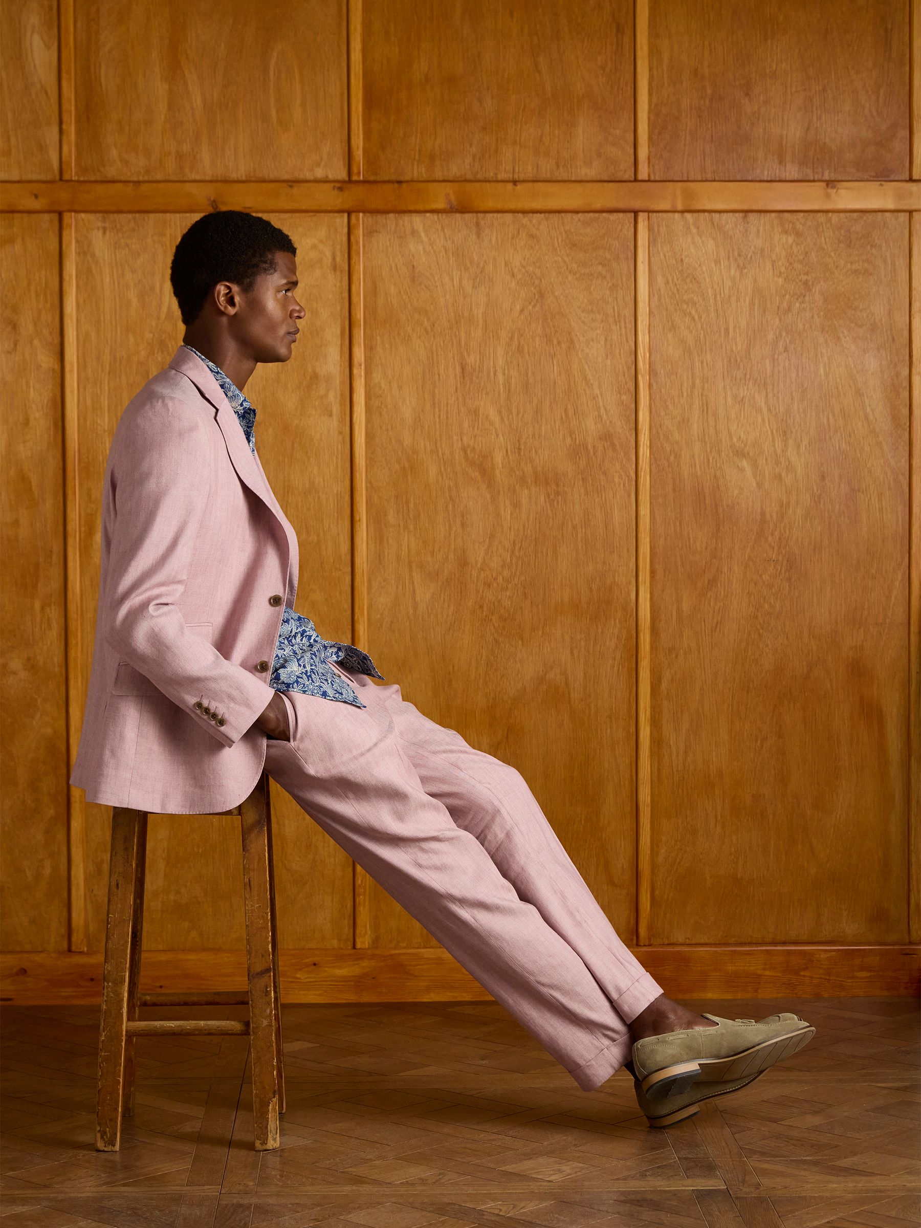 Pink Slim Fit Linen Herringbone Suit Trousers - Image 2 of 8