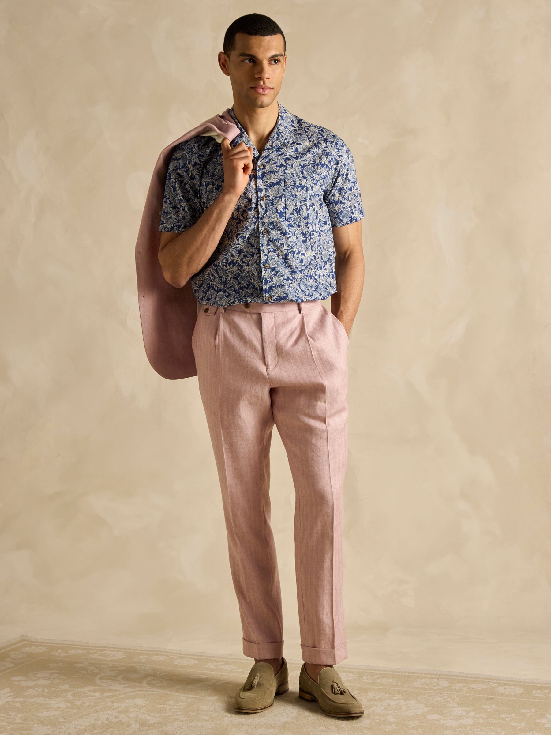 Pink Slim Fit Linen Herringbone Suit Trousers - Image 3 of 8