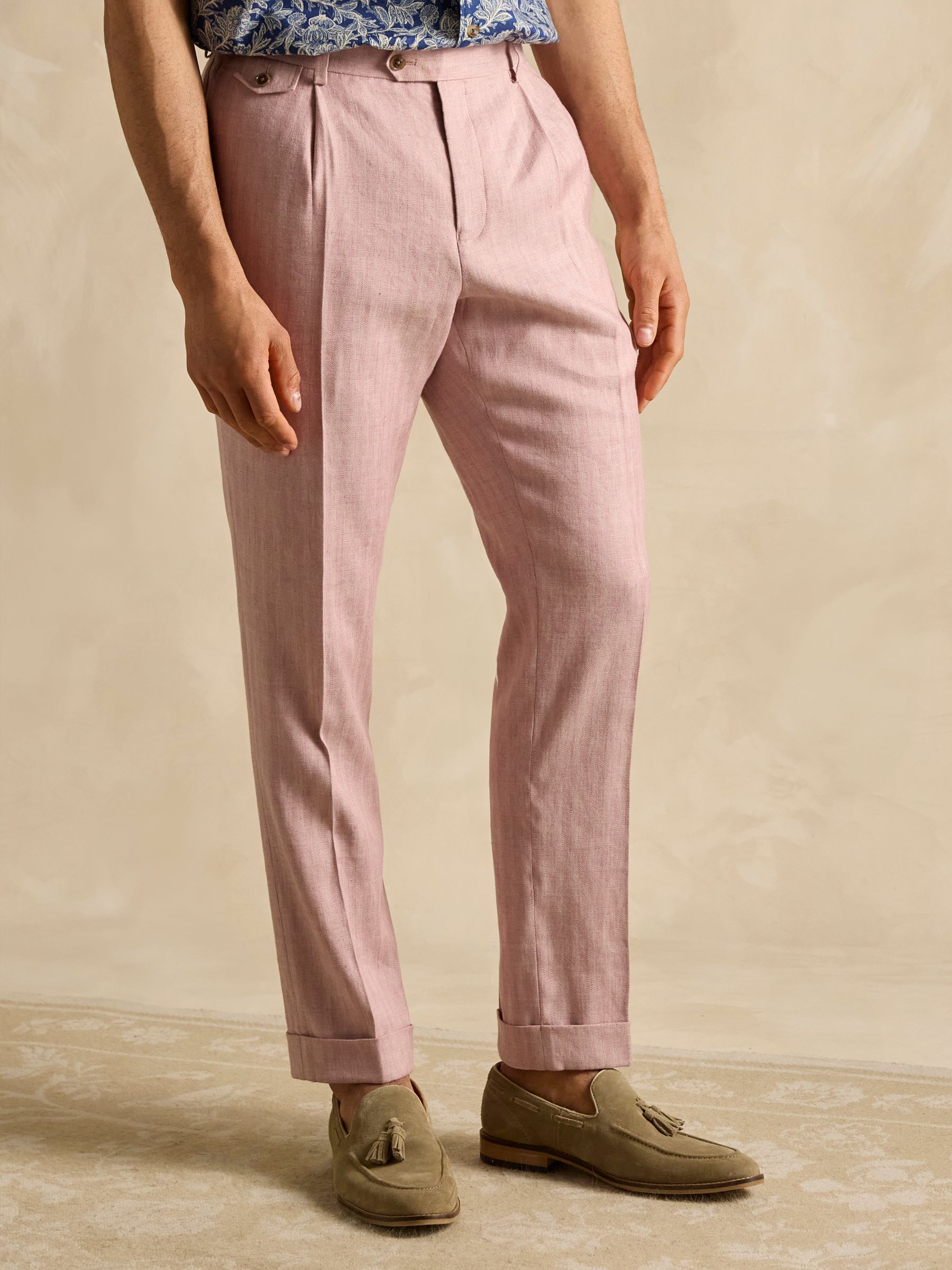 Pink Slim Fit Linen Herringbone Suit Trousers - Image 4 of 8