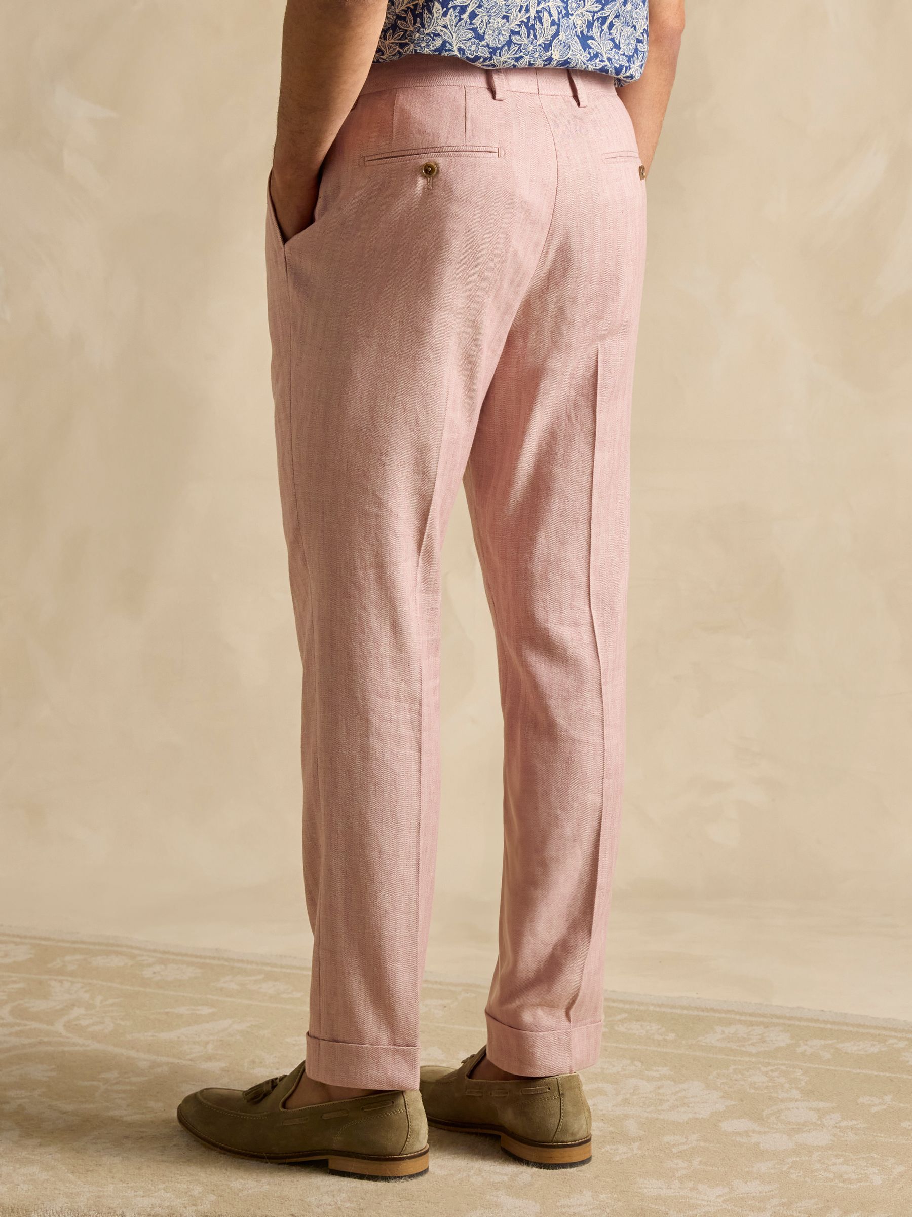 Pink Slim Fit Linen Herringbone Suit Trousers - Image 5 of 8
