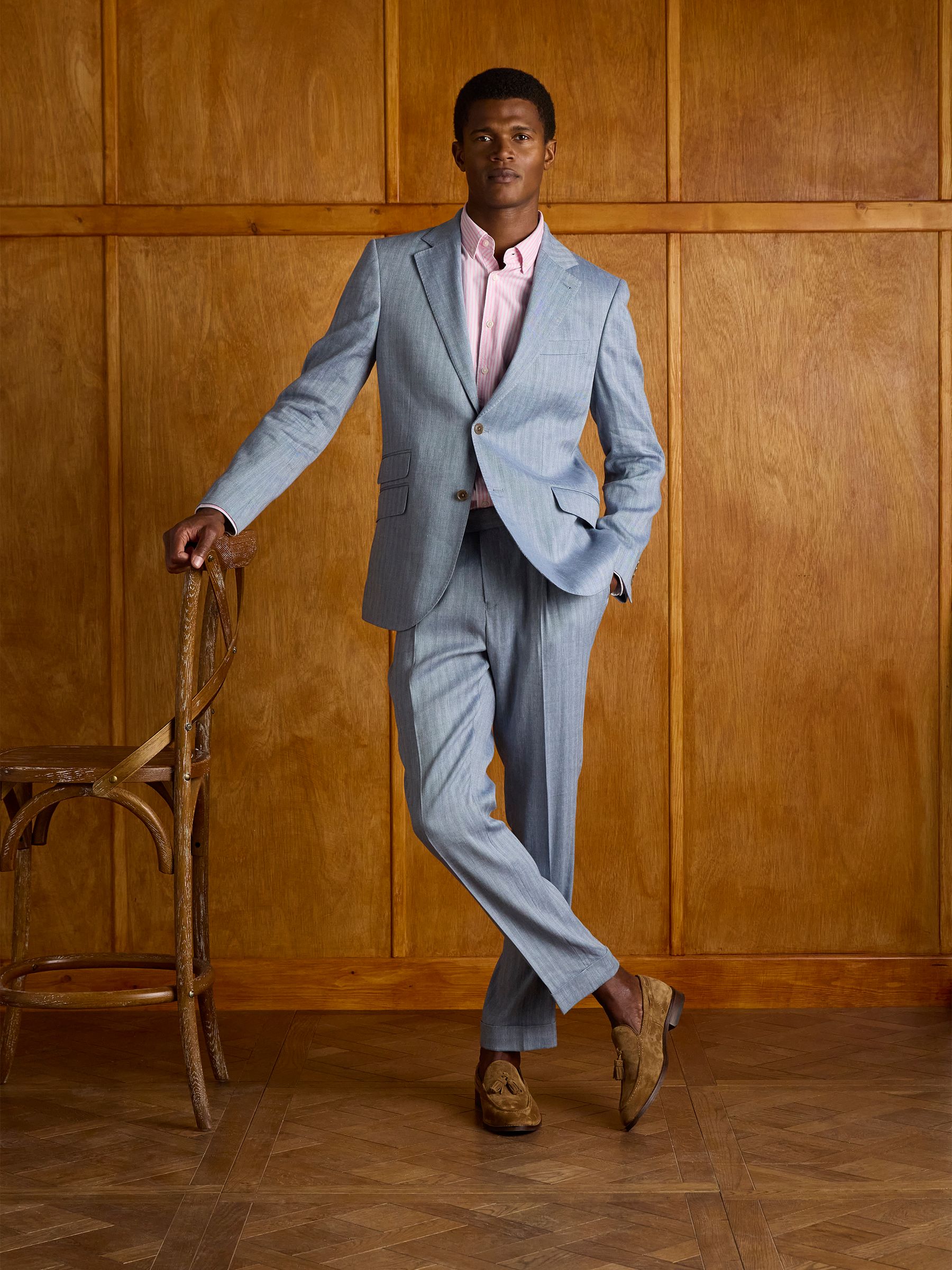 Blue Slim Fit Linen Herringbone Suit Trousers - Image 2 of 7