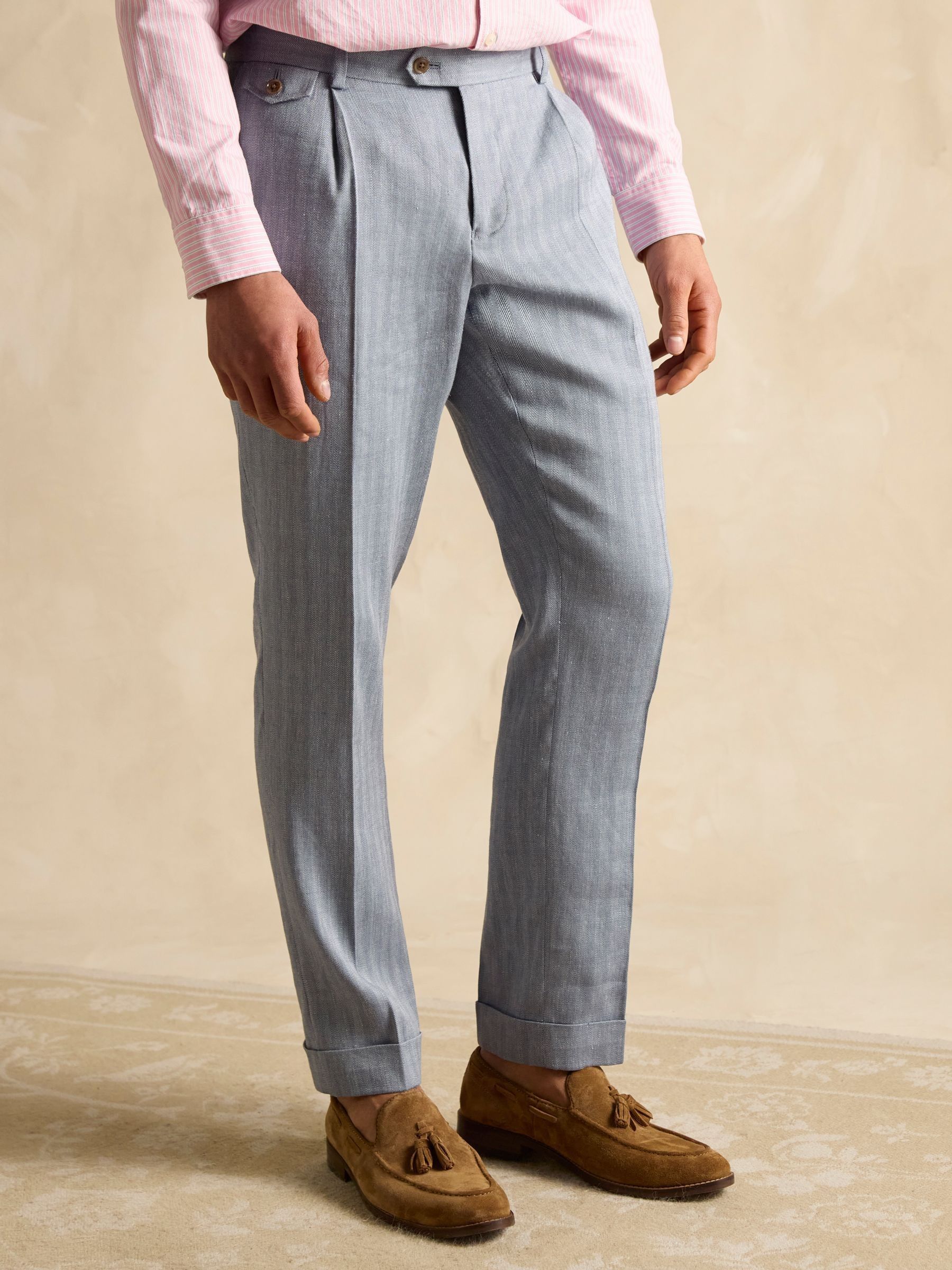 Blue Slim Fit Linen Herringbone Suit Trousers - Image 3 of 7
