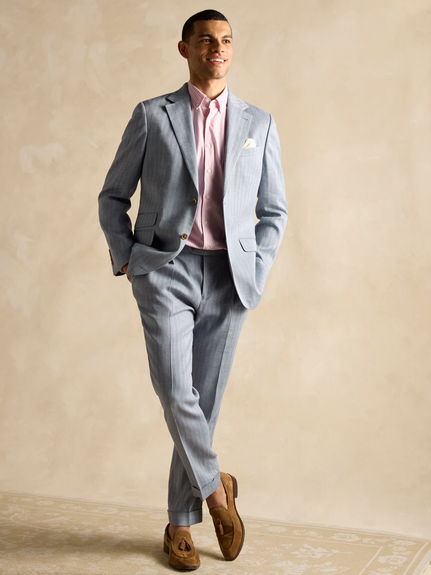 Blue Slim Fit Linen Herringbone Suit Trousers - Image 4 of 7