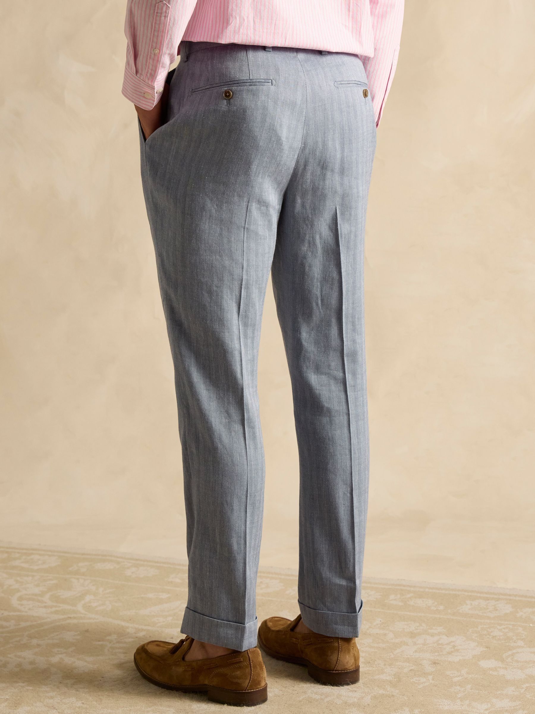 Blue Slim Fit Linen Herringbone Suit Trousers - Image 5 of 7
