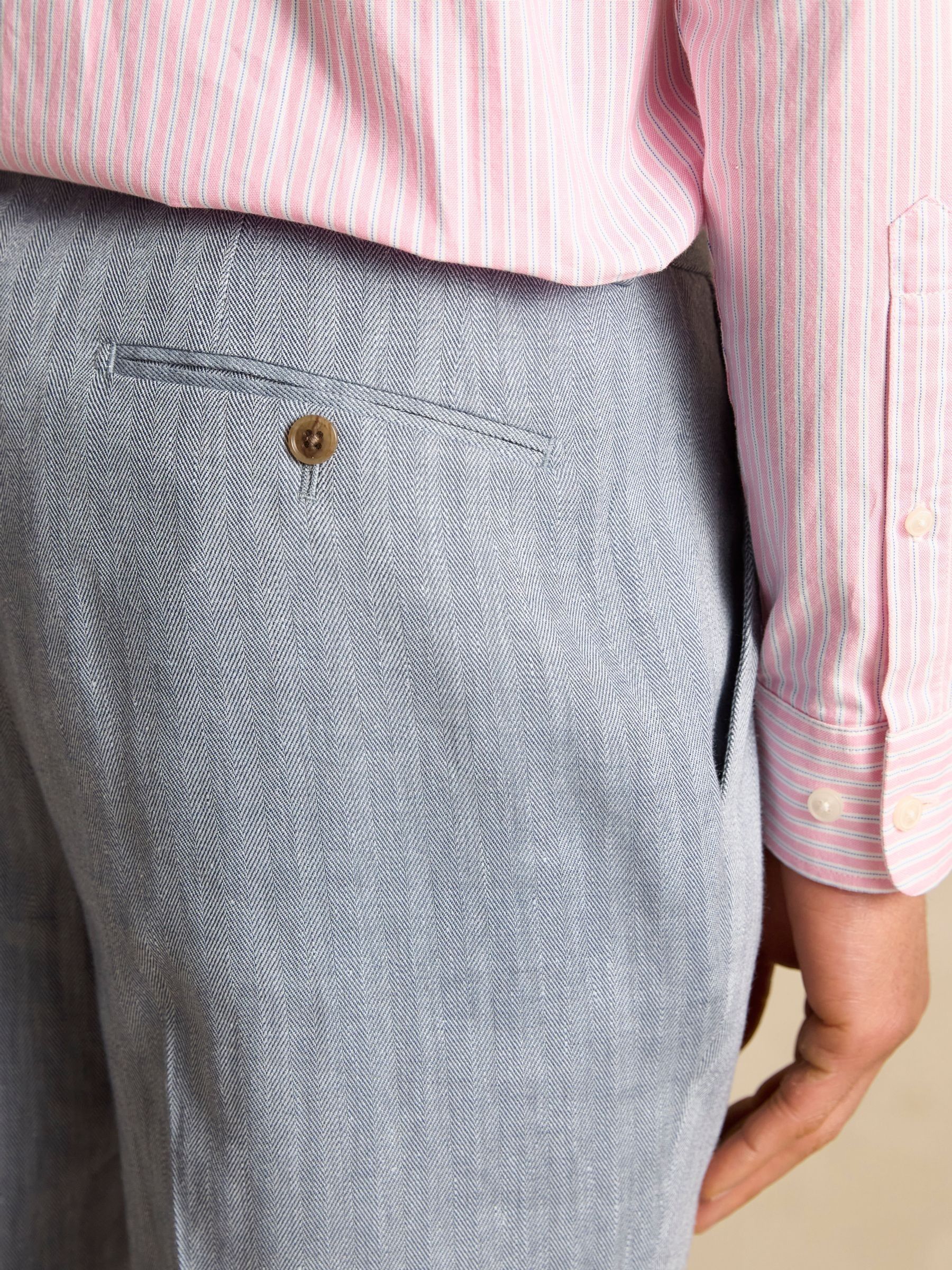 Blue Slim Fit Linen Herringbone Suit Trousers - Image 7 of 7