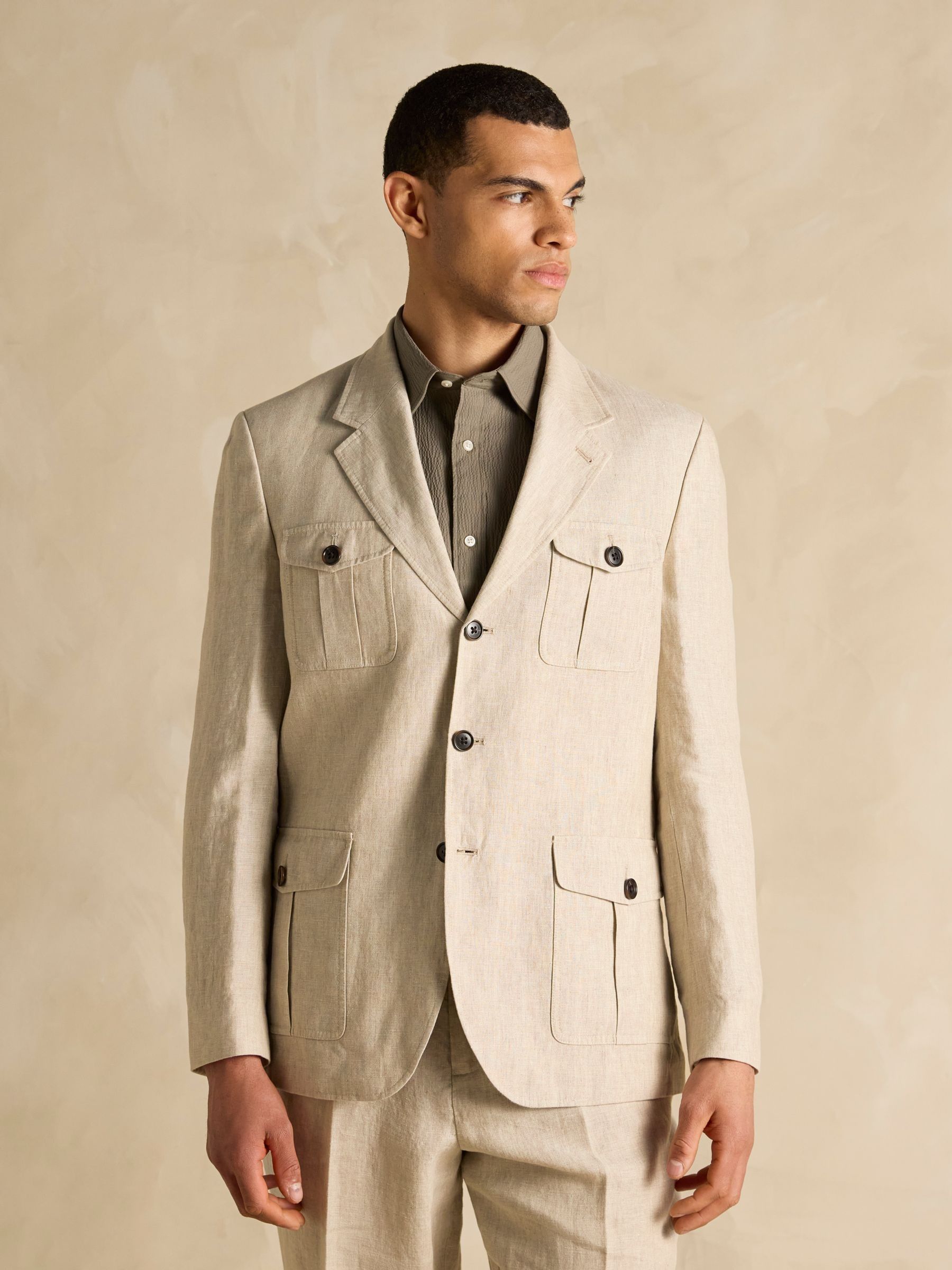 Stone Slim Fit 100% Linen Safari Suit Jacket - Image 4 of 13