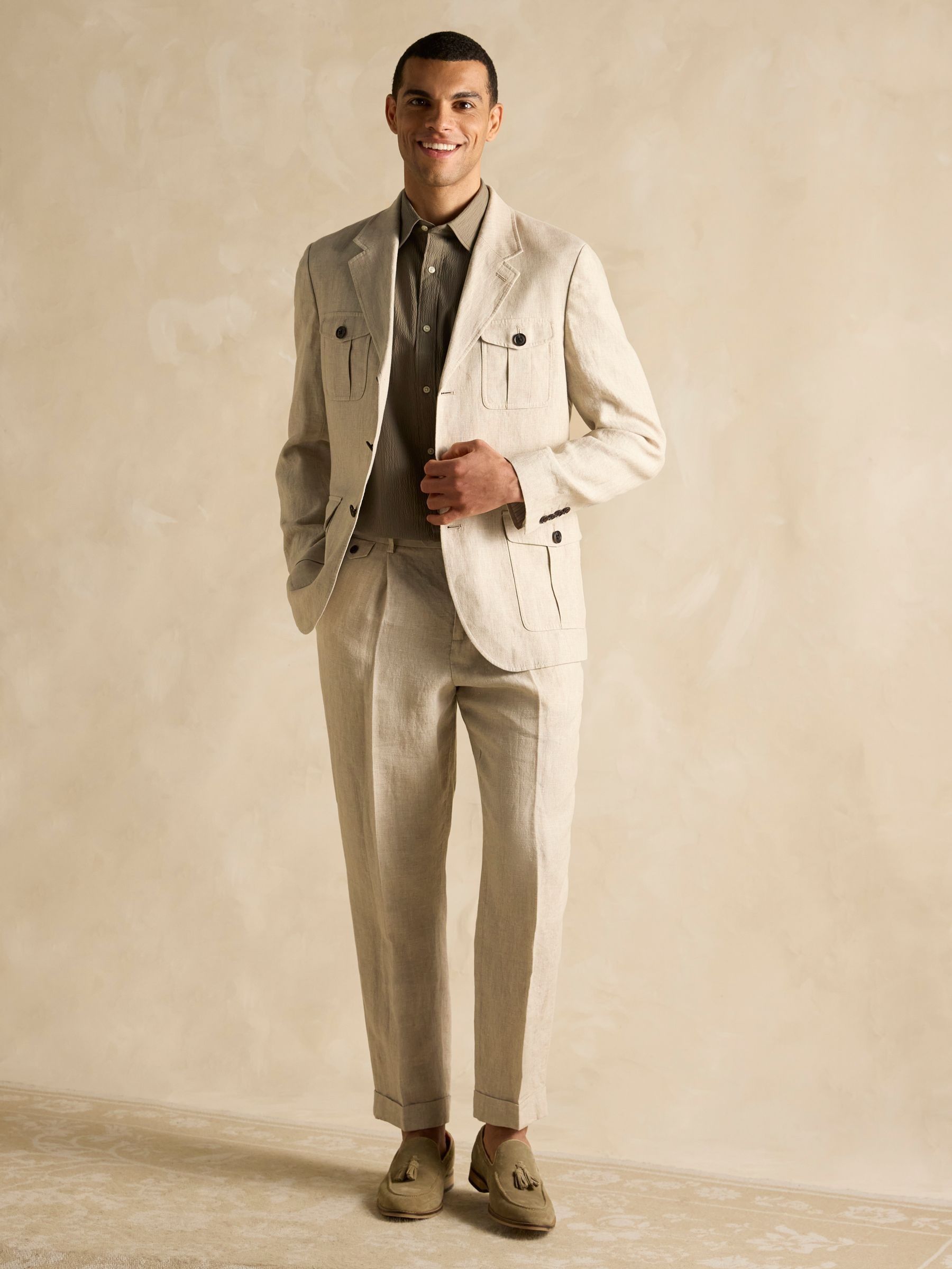 Stone Slim Fit 100% Linen Safari Suit Jacket - Image 6 of 13