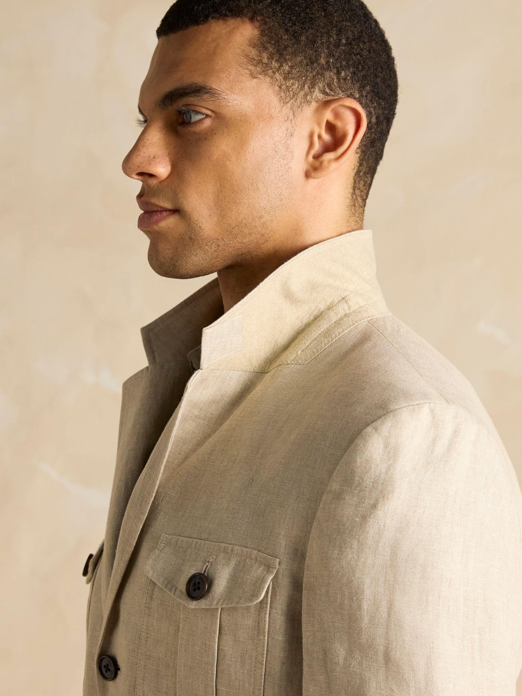 Stone Slim Fit 100% Linen Safari Suit Jacket - Image 8 of 13