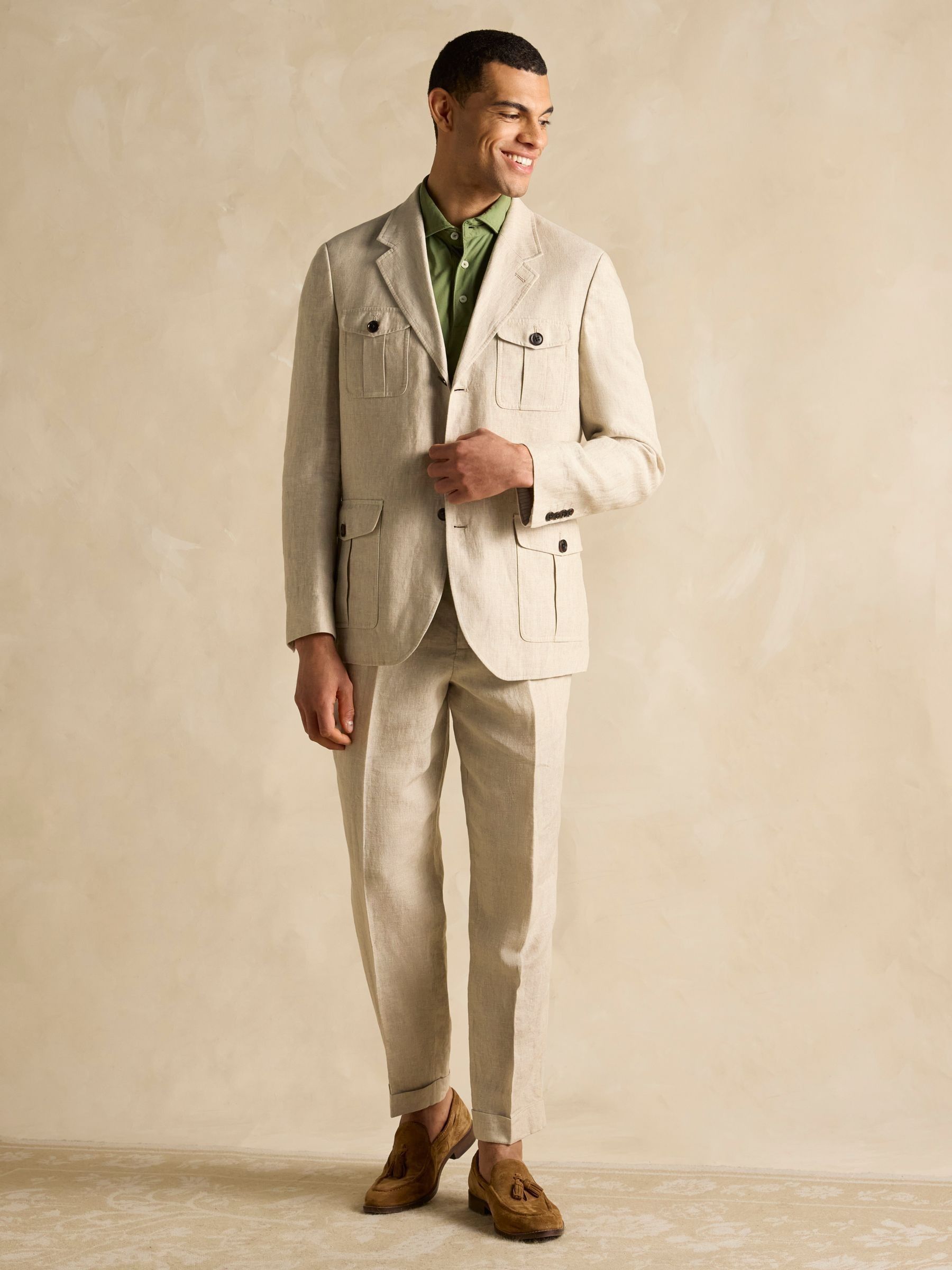 Stone Slim Fit 100% Linen Safari Suit Jacket - Image 9 of 13