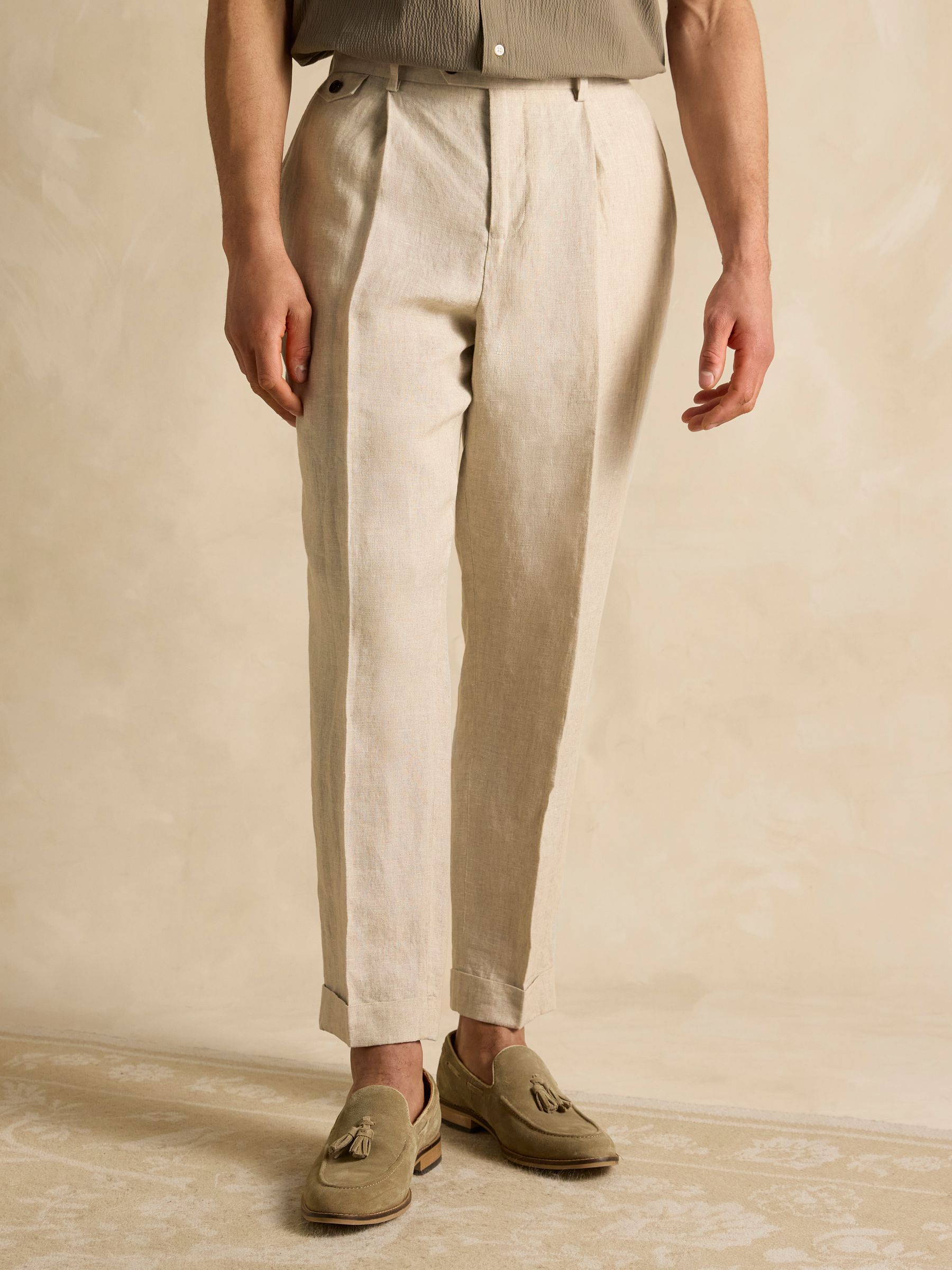 Stone Slim Fit 100% Linen Safari Suit Trousers - Image 4 of 9